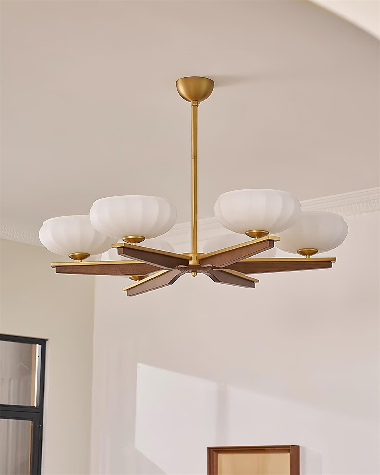 Chandelier Walnut Wood Arms and Opal Glass Shades Midcentury - Letslighting