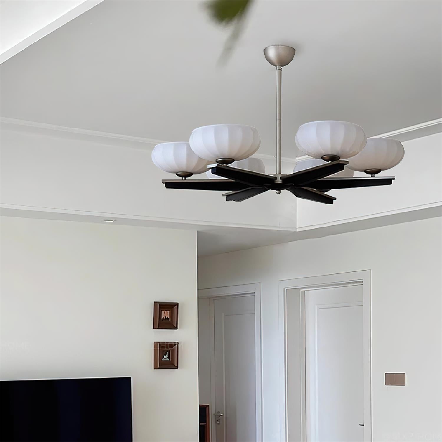 Chandelier Walnut Wood Arms and Opal Glass Shades Midcentury - Letslighting