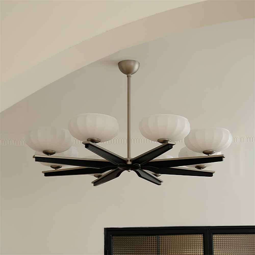 Chandelier Walnut Wood Arms and Opal Glass Shades Midcentury - Letslighting