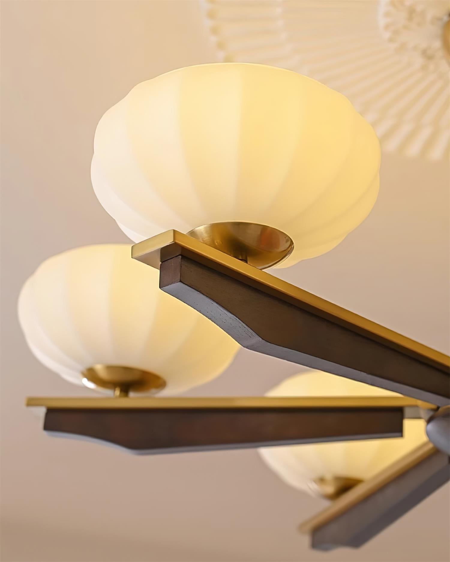 Chandelier Walnut Wood Arms and Opal Glass Shades Midcentury - Letslighting