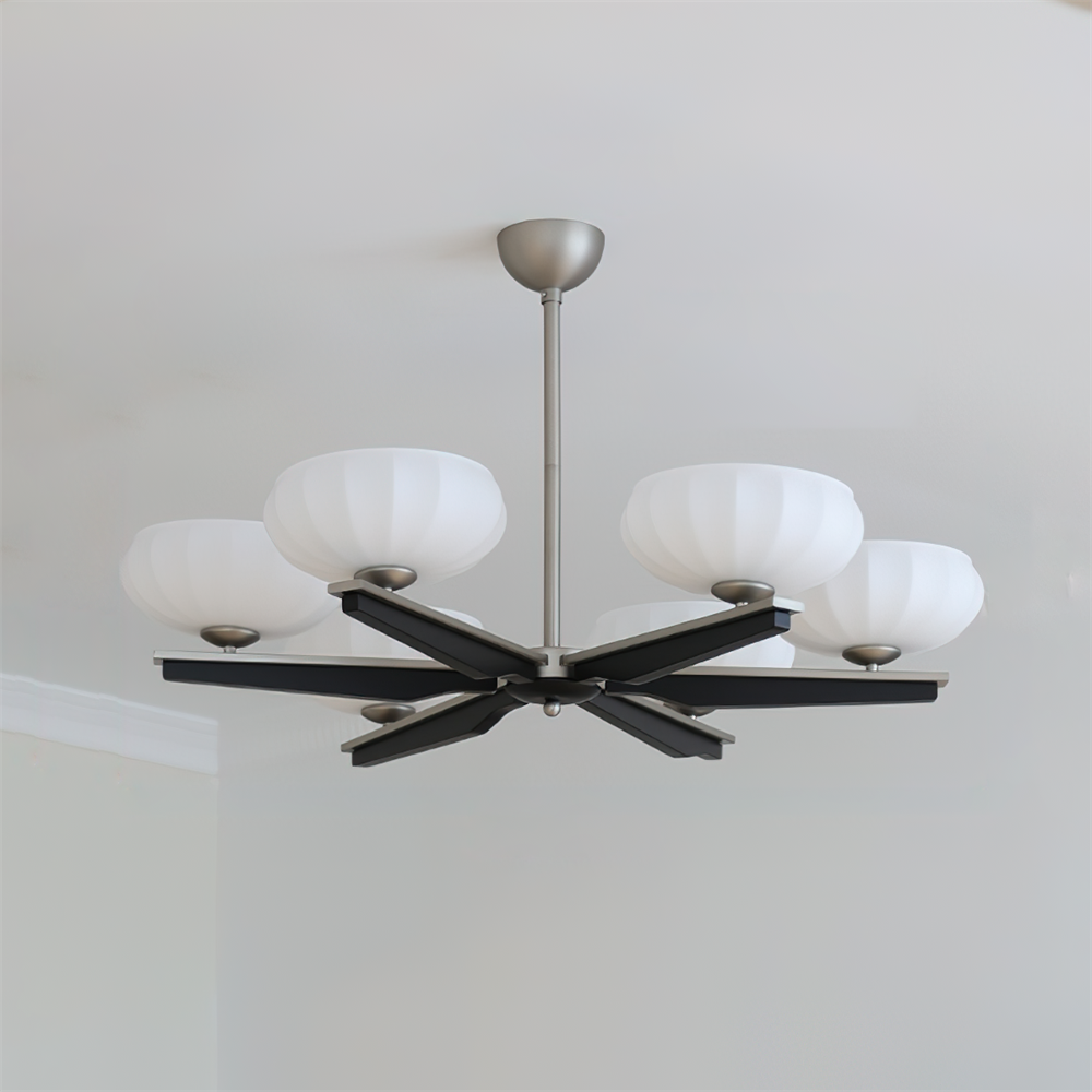Chandelier Walnut Wood Arms and Opal Glass Shades Midcentury - Letslighting