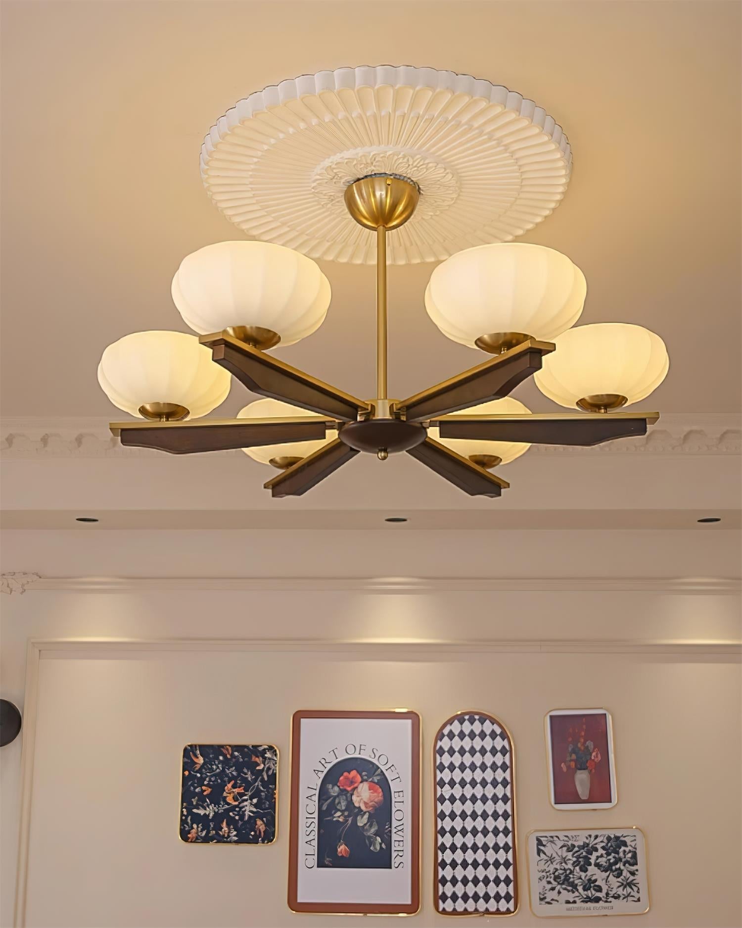 Chandelier Walnut Wood Arms and Opal Glass Shades Midcentury - Letslighting