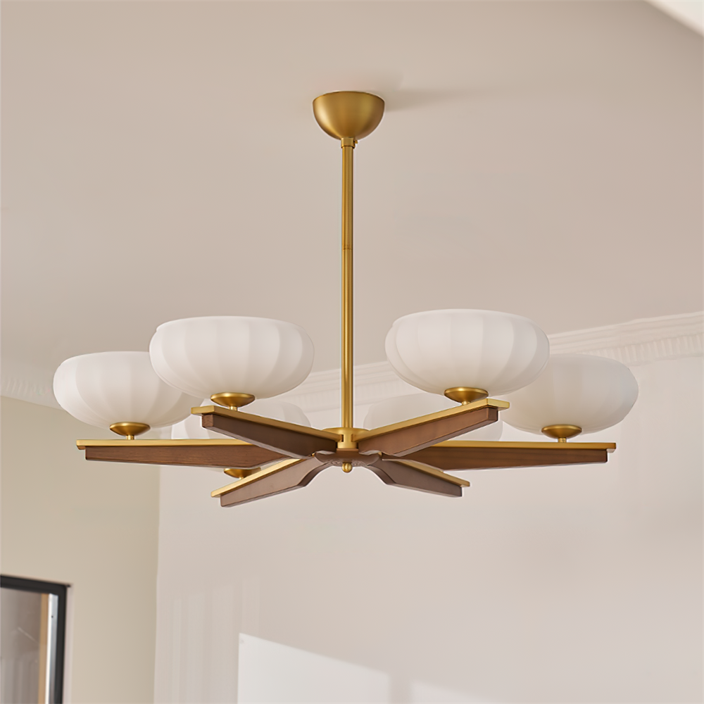 Chandelier Walnut Wood Arms and Opal Glass Shades Midcentury - Letslighting