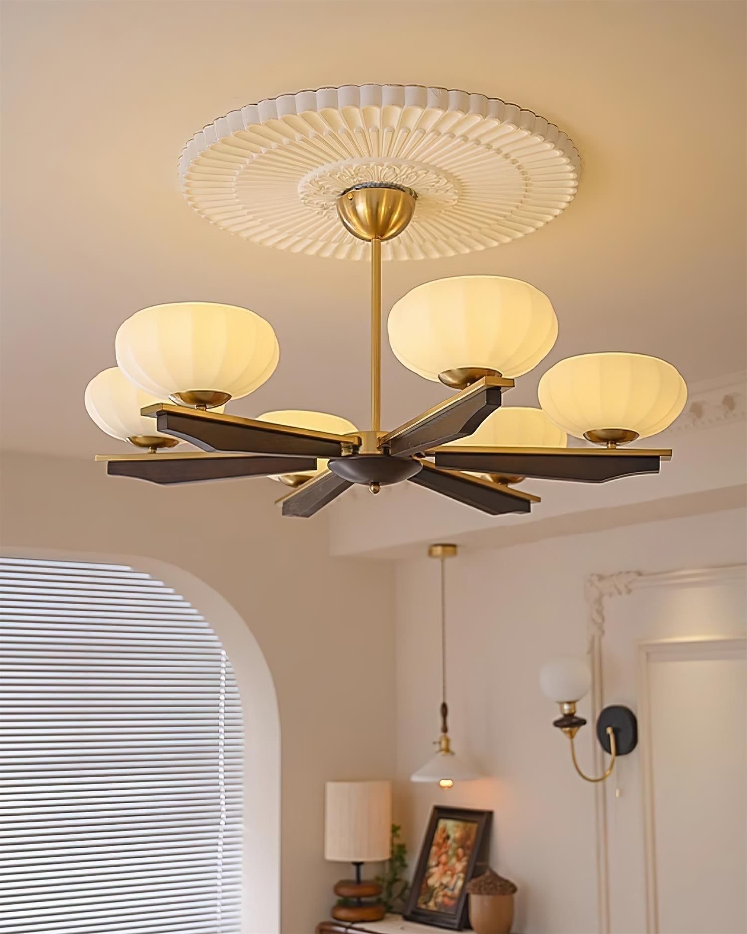 Chandelier Walnut Wood Arms and Opal Glass Shades Midcentury - Letslighting