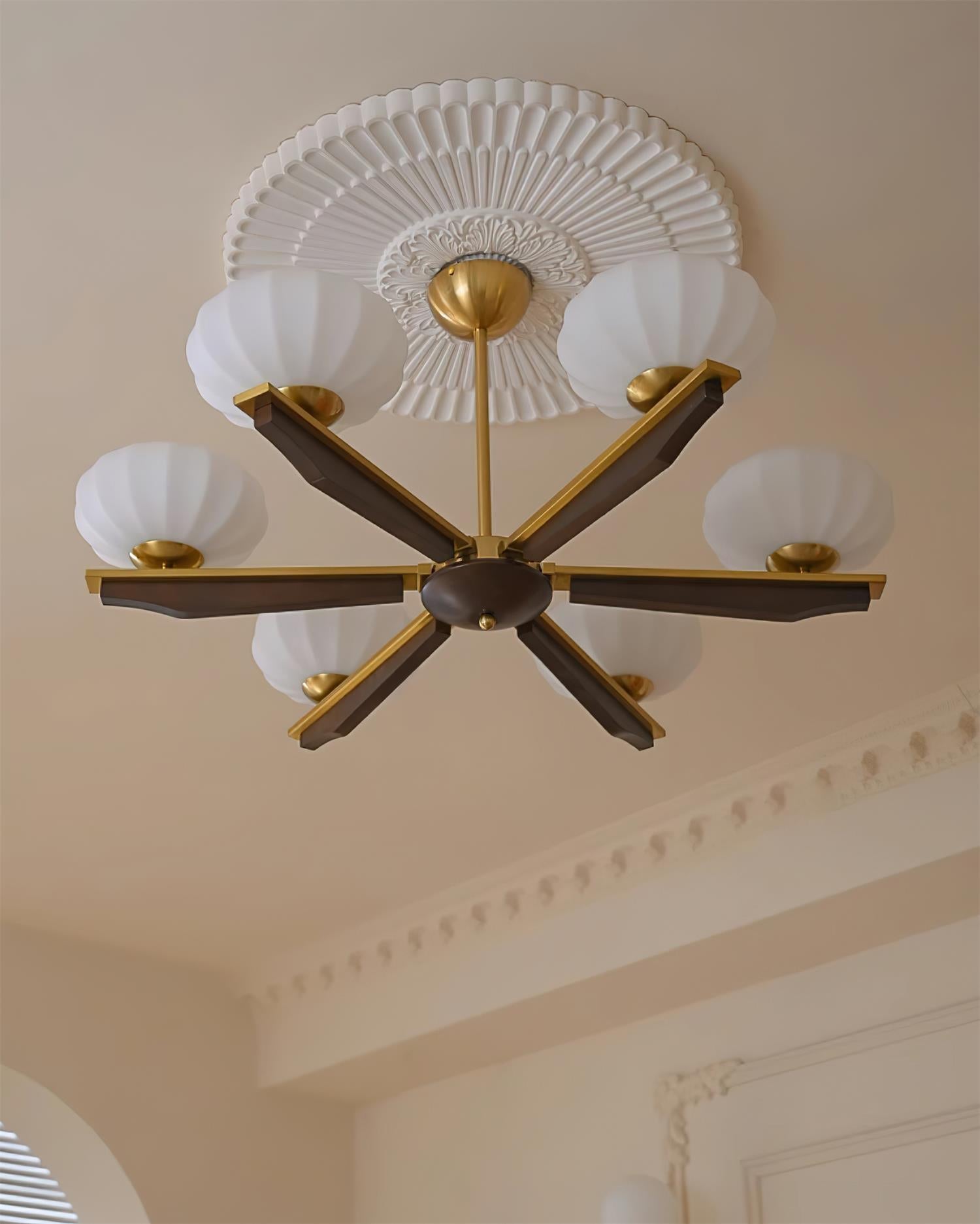 Chandelier Walnut Wood Arms and Opal Glass Shades Midcentury - Letslighting