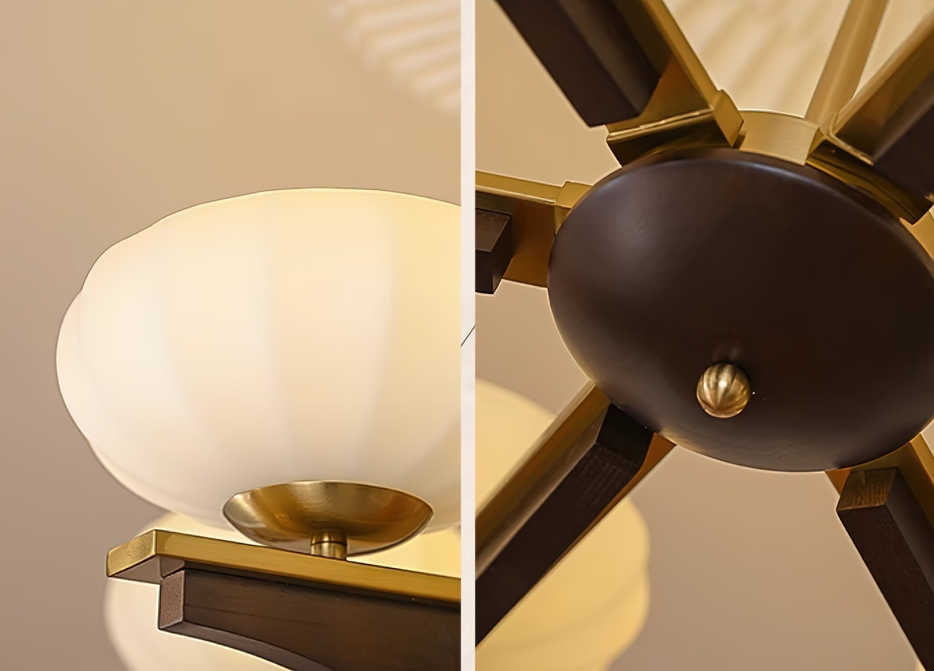 Chandelier Walnut Wood Arms and Opal Glass Shades Midcentury - Letslighting