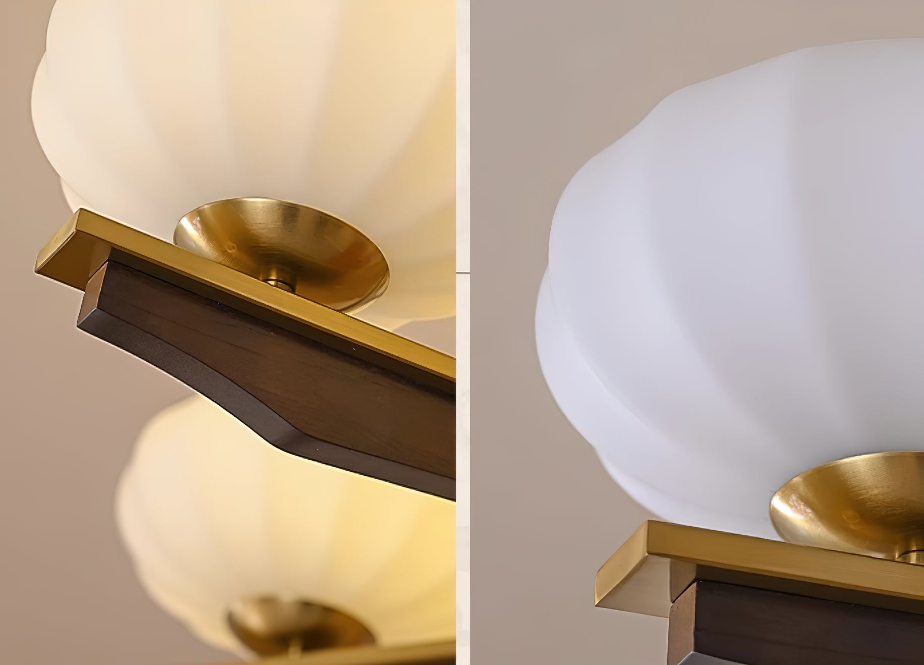 Chandelier Walnut Wood Arms and Opal Glass Shades Midcentury - Letslighting