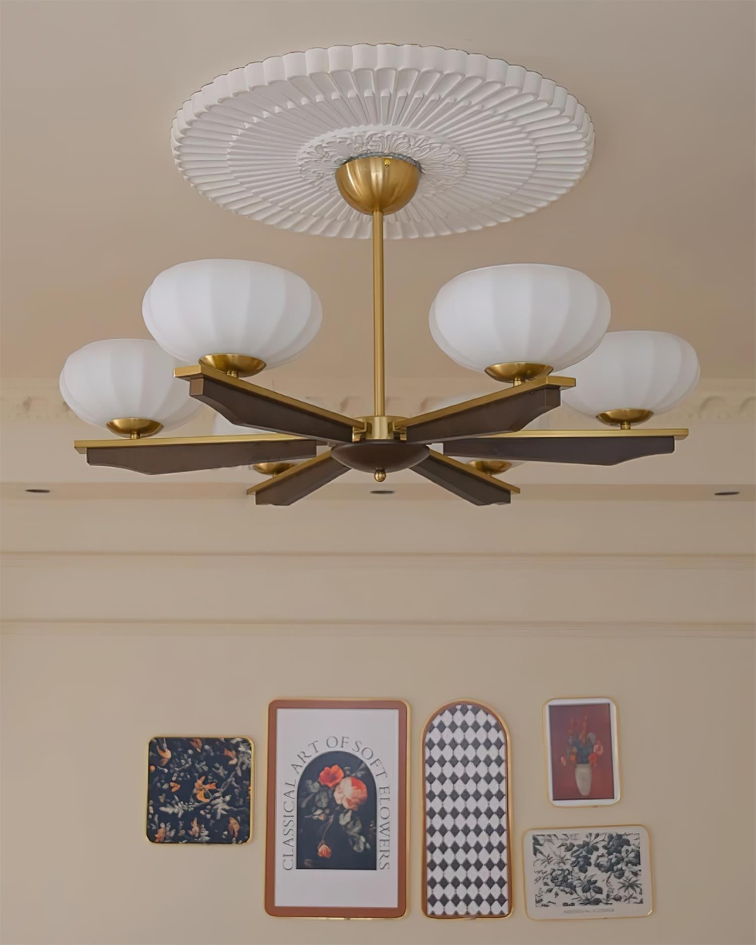Chandelier Walnut Wood Arms and Opal Glass Shades Midcentury - Letslighting