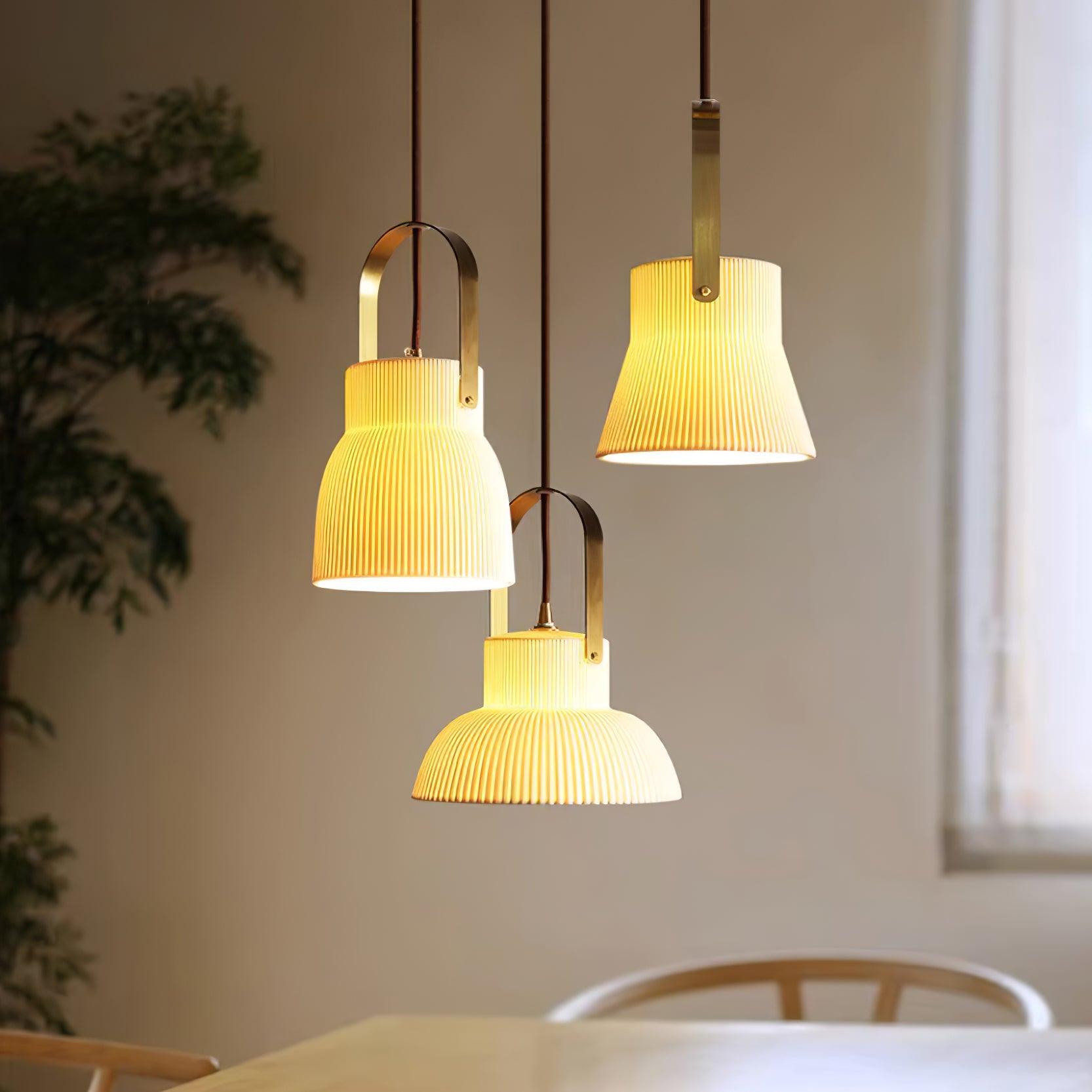 Eclipse Pendant Lamp Ribbed White Ceramic with Brass Handle - Neutralighting
