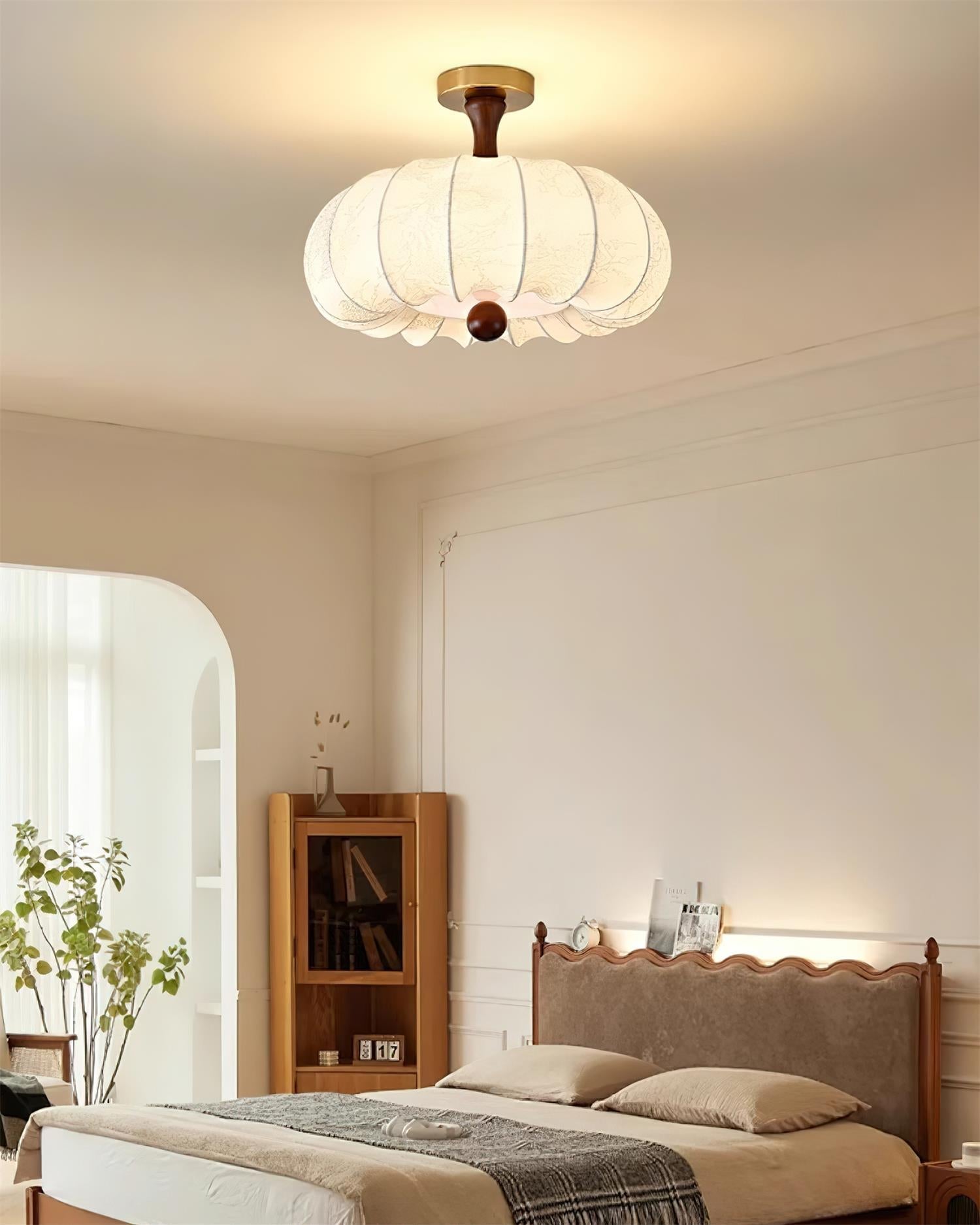Ceiling Light Scalloped Fabric Shade Walnut Wood Canopy Vintage - Letslighting