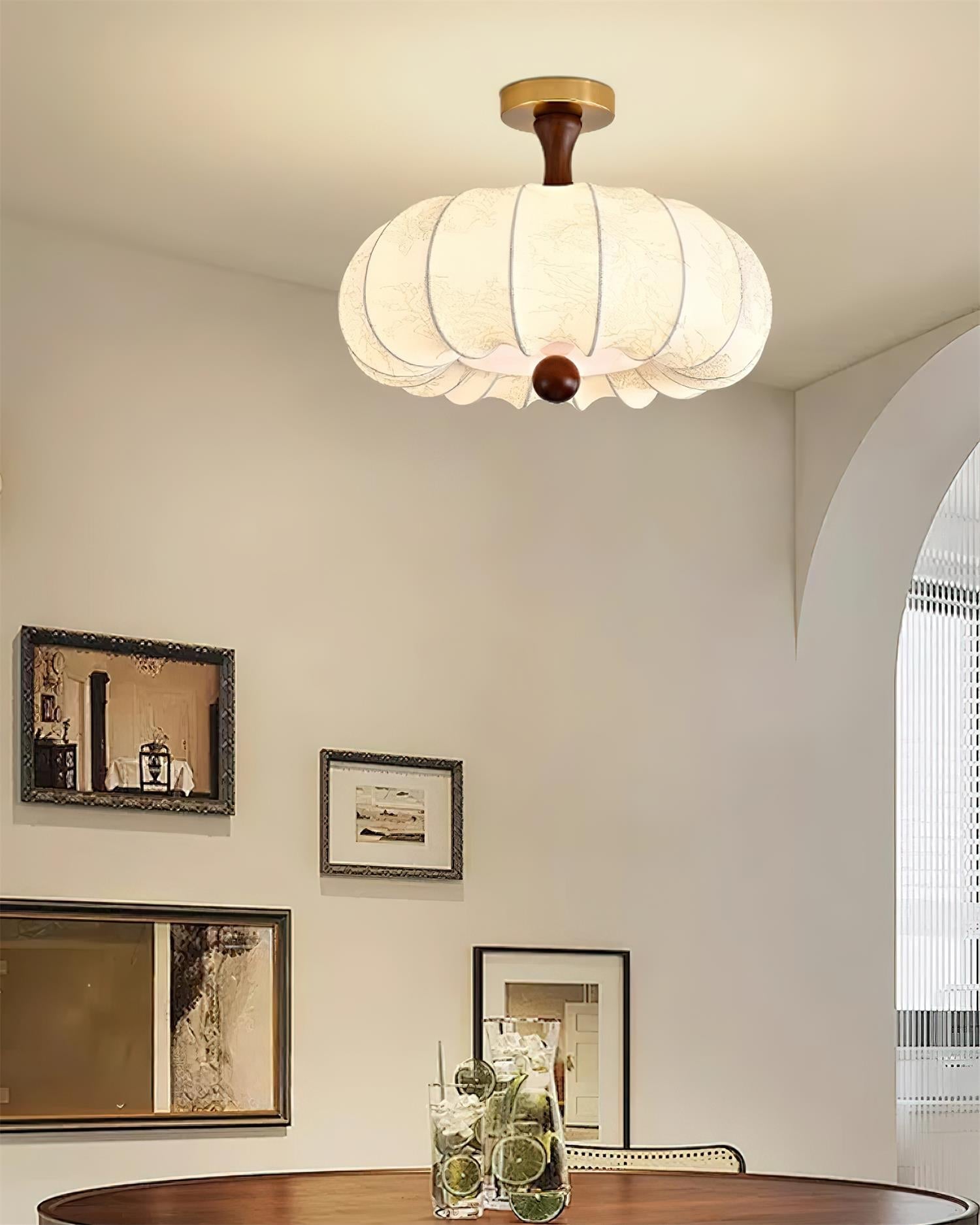 Ceiling Light Scalloped Fabric Shade Walnut Wood Canopy Vintage - Letslighting