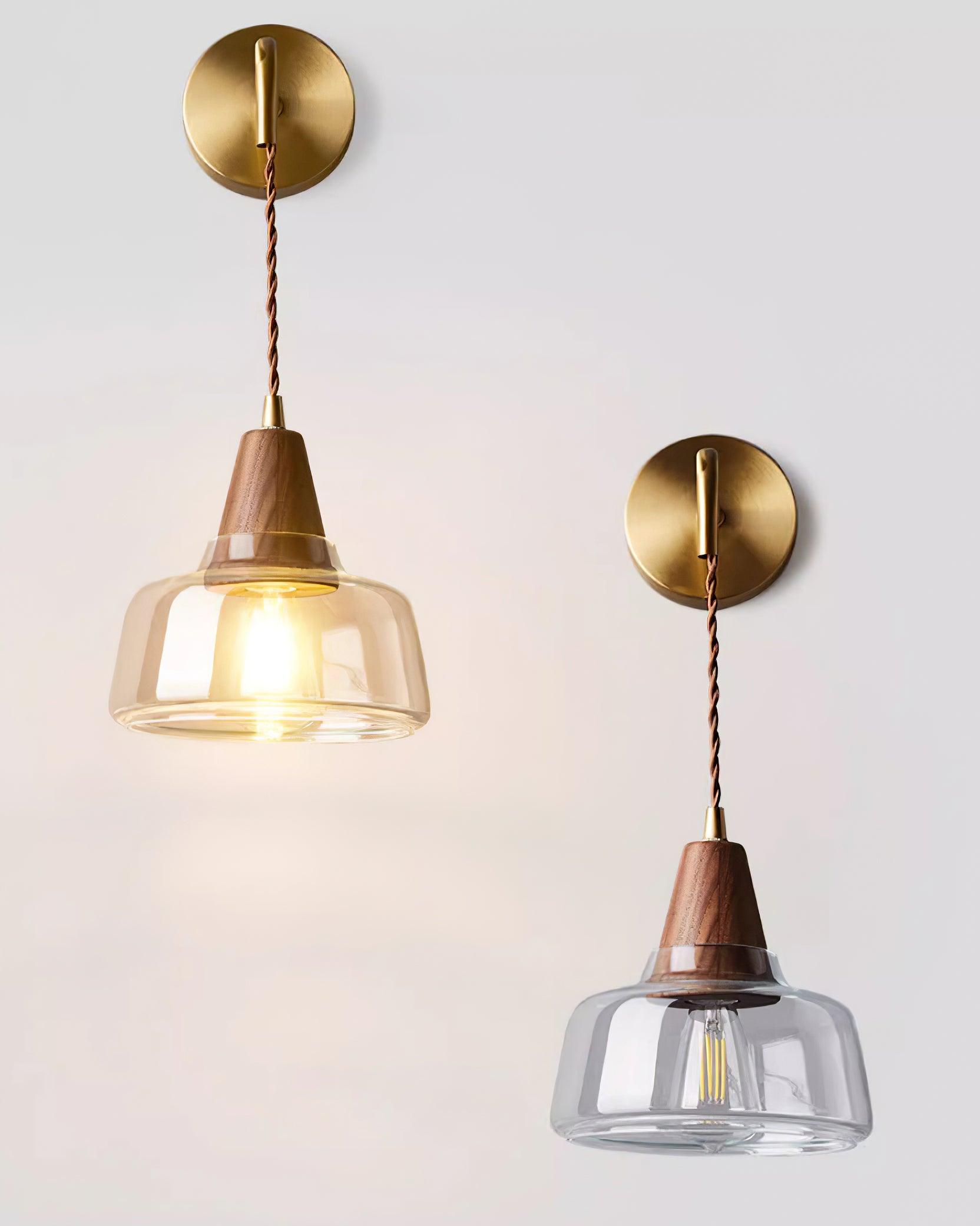 Wall Lamp Amber Glass Shade Tapered Walnut Accent Soft Glow Modern - Letslighting