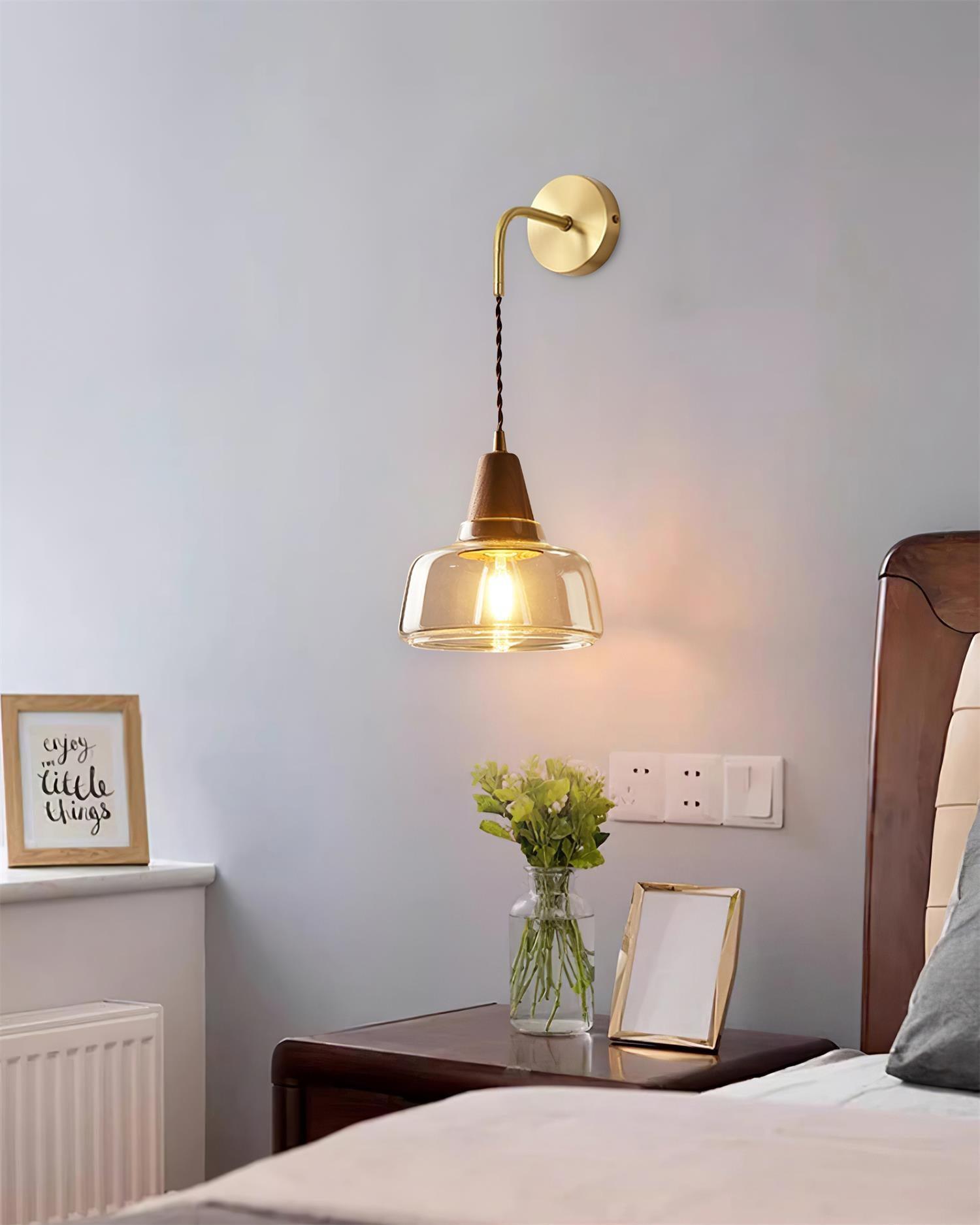 Wall Lamp Amber Glass Shade Tapered Walnut Accent Soft Glow Modern - Letslighting