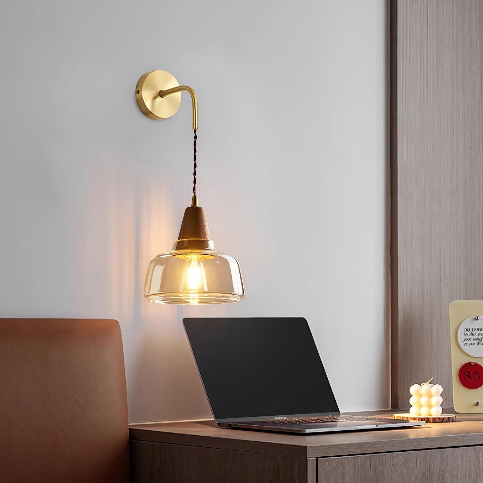 Wall Lamp Amber Glass Shade Tapered Walnut Accent Soft Glow Modern - Letslighting