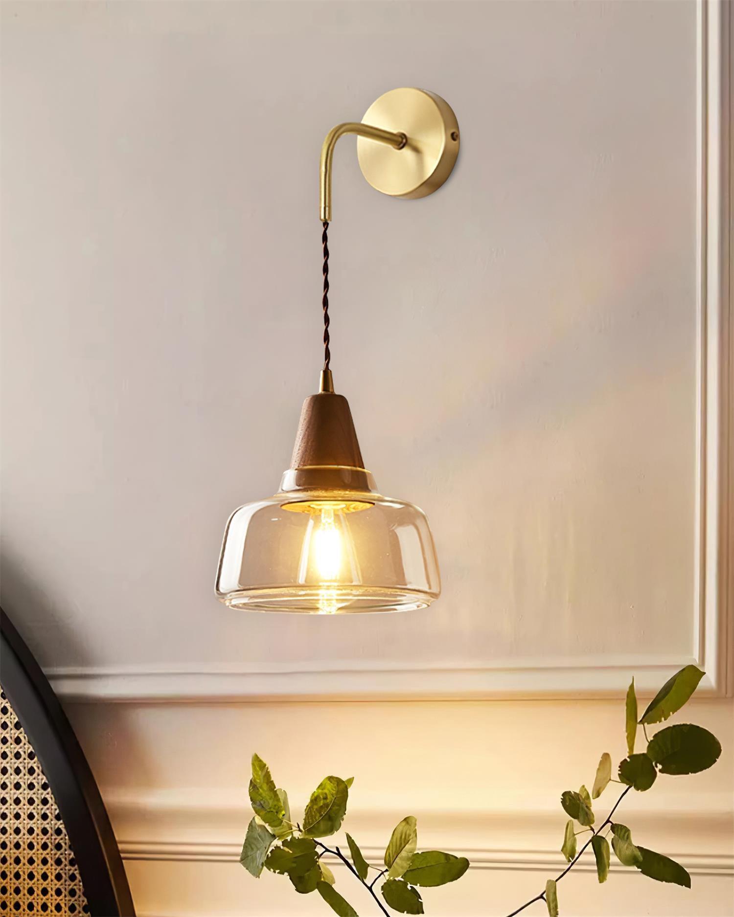 Wall Lamp Amber Glass Shade Tapered Walnut Accent Soft Glow Modern - Letslighting