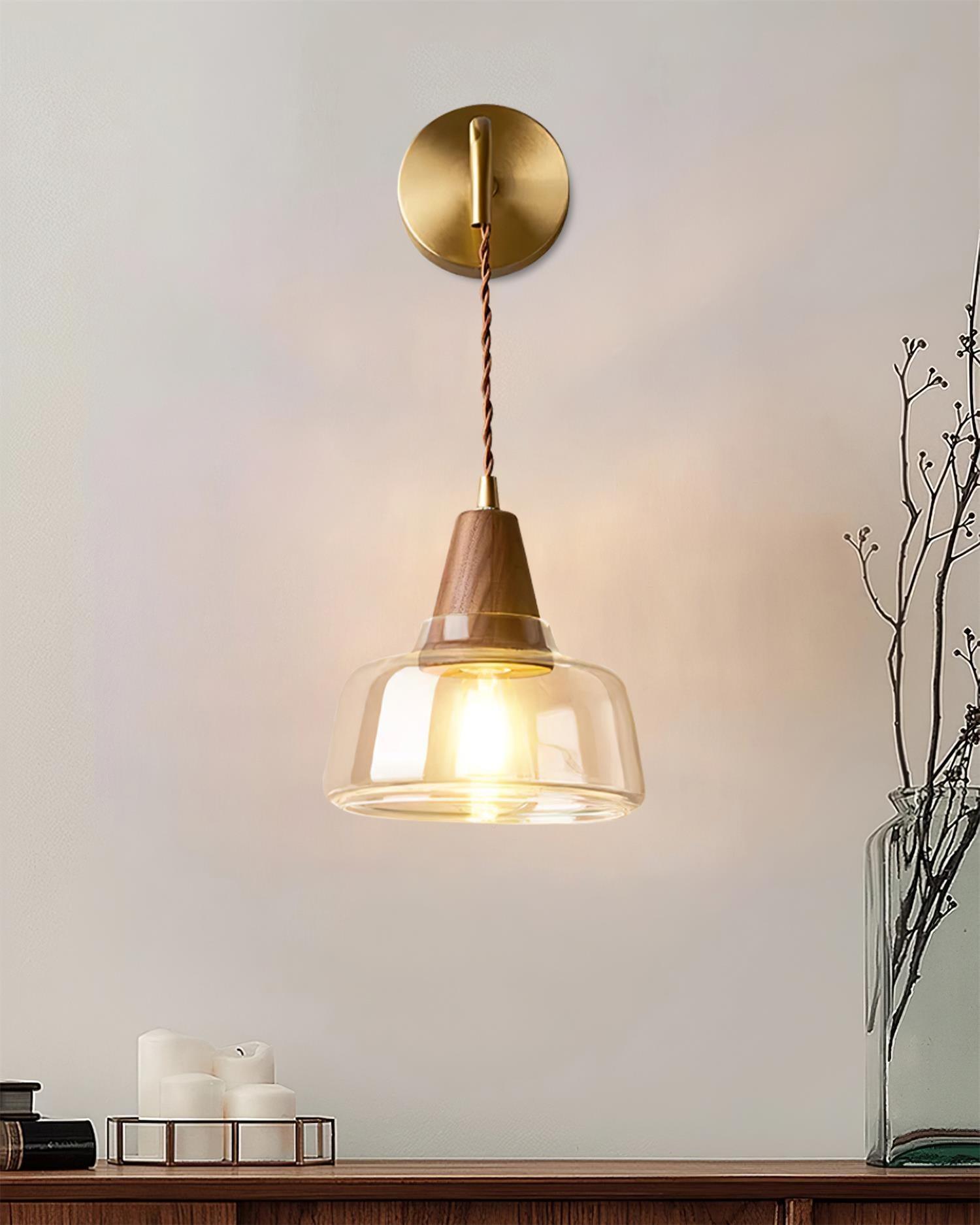 Wall Lamp Amber Glass Shade Tapered Walnut Accent Soft Glow Modern - Letslighting