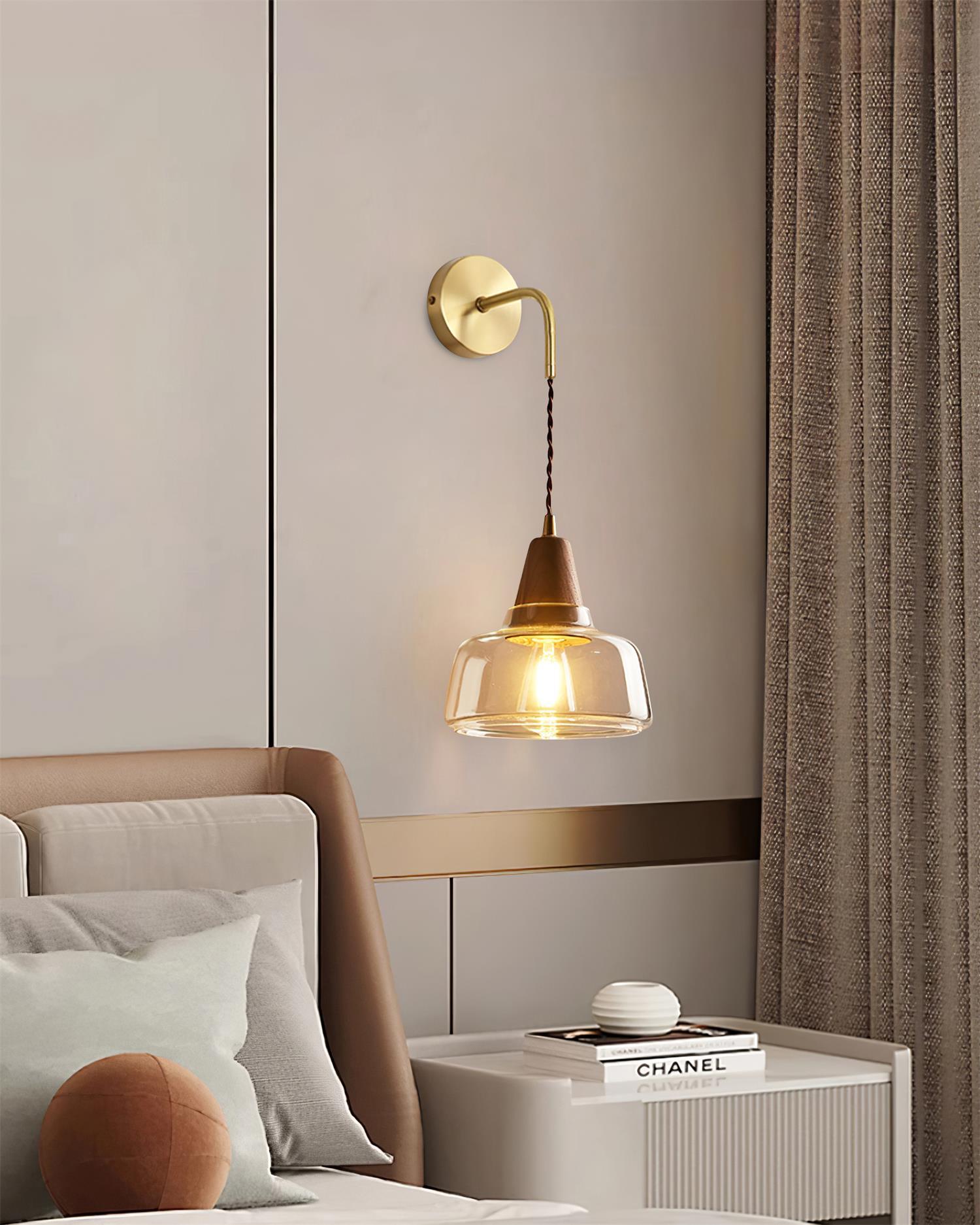Wall Lamp Amber Glass Shade Tapered Walnut Accent Soft Glow Modern - Letslighting