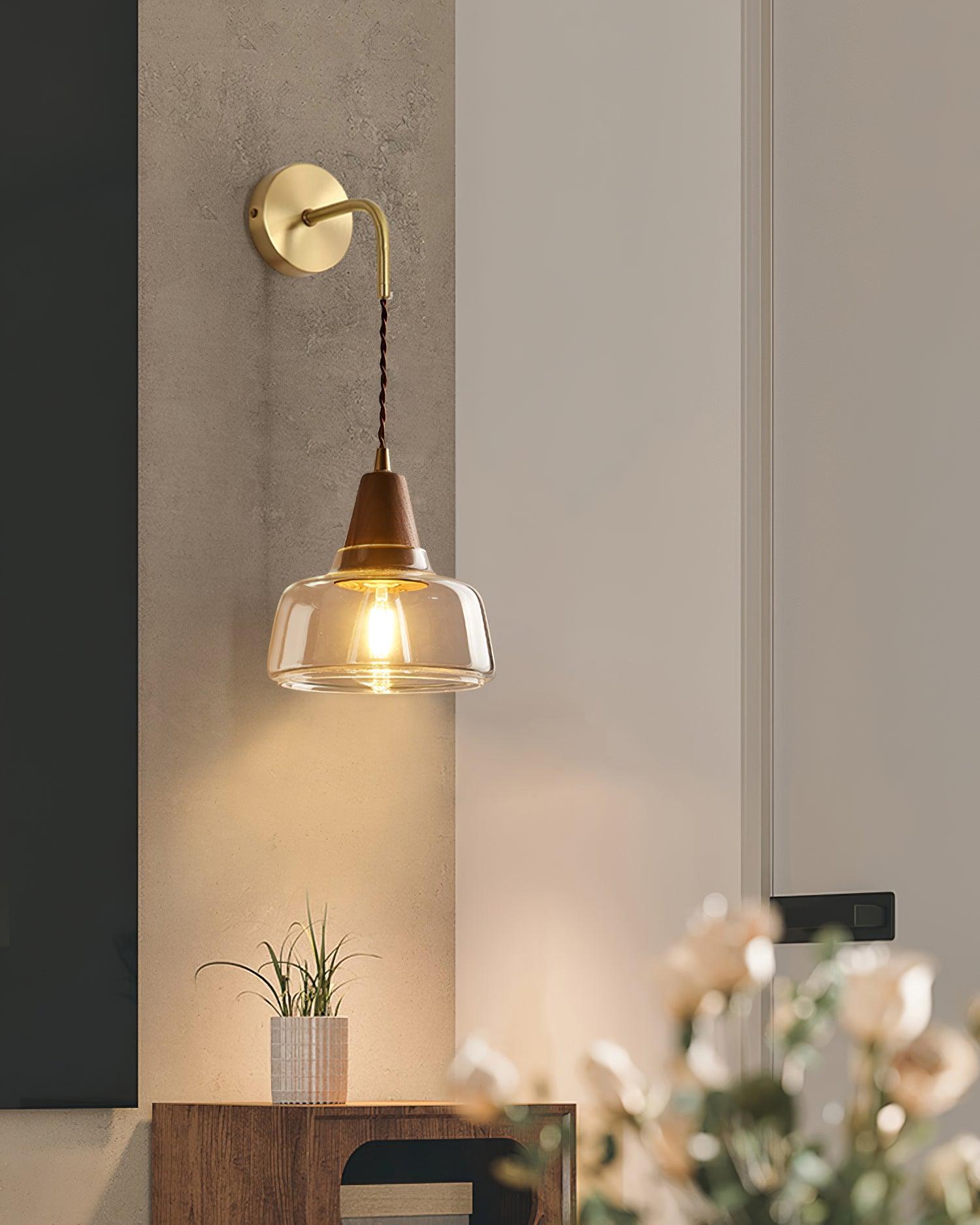Wall Lamp Amber Glass Shade Tapered Walnut Accent Soft Glow Modern - Letslighting