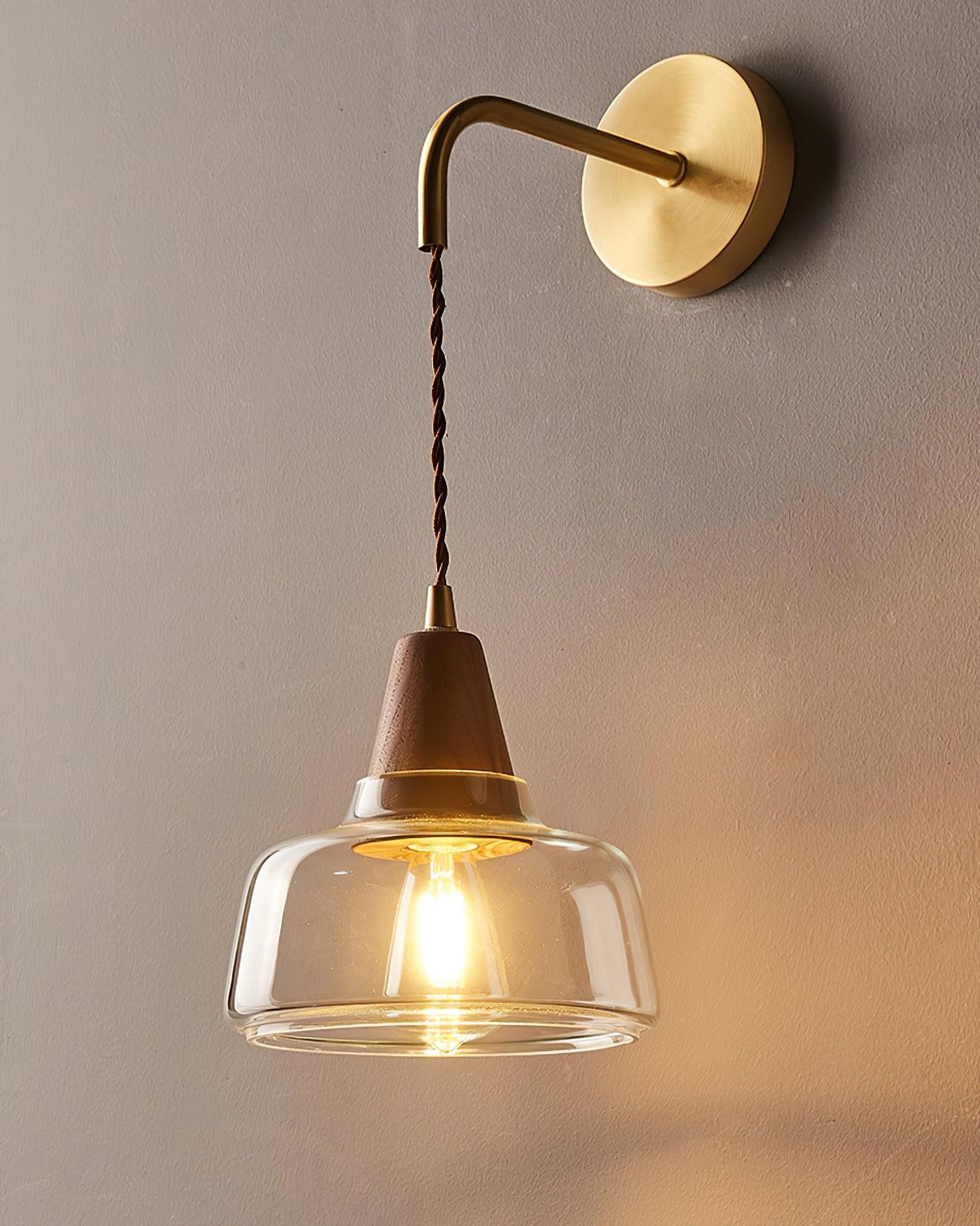 Wall Lamp Amber Glass Shade Tapered Walnut Accent Soft Glow Modern - Letslighting