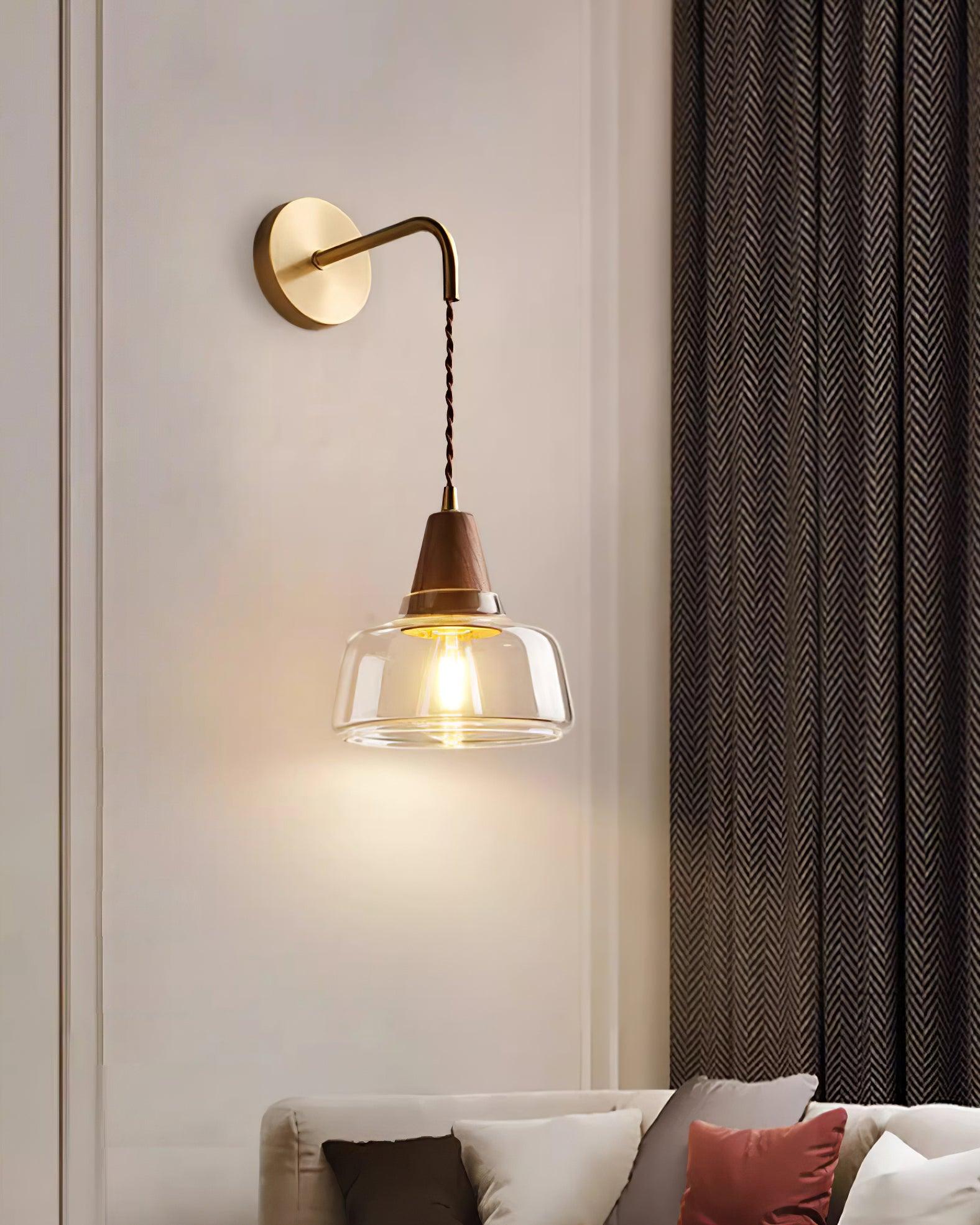 Wall Lamp Amber Glass Shade Tapered Walnut Accent Soft Glow Modern - Letslighting