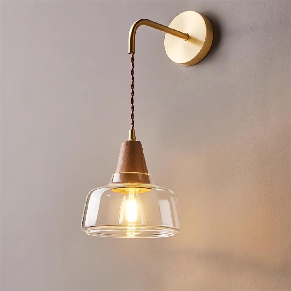 Wall Lamp Amber Glass Shade Tapered Walnut Accent Soft Glow Modern - Letslighting