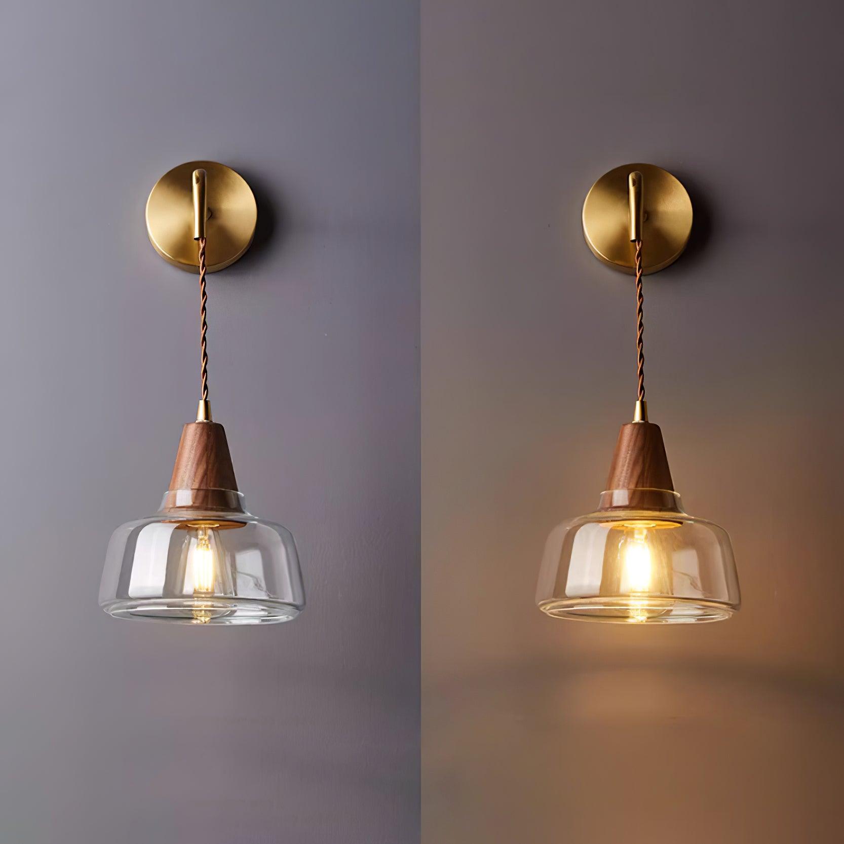 Wall Lamp Amber Glass Shade Tapered Walnut Accent Soft Glow Modern - Letslighting