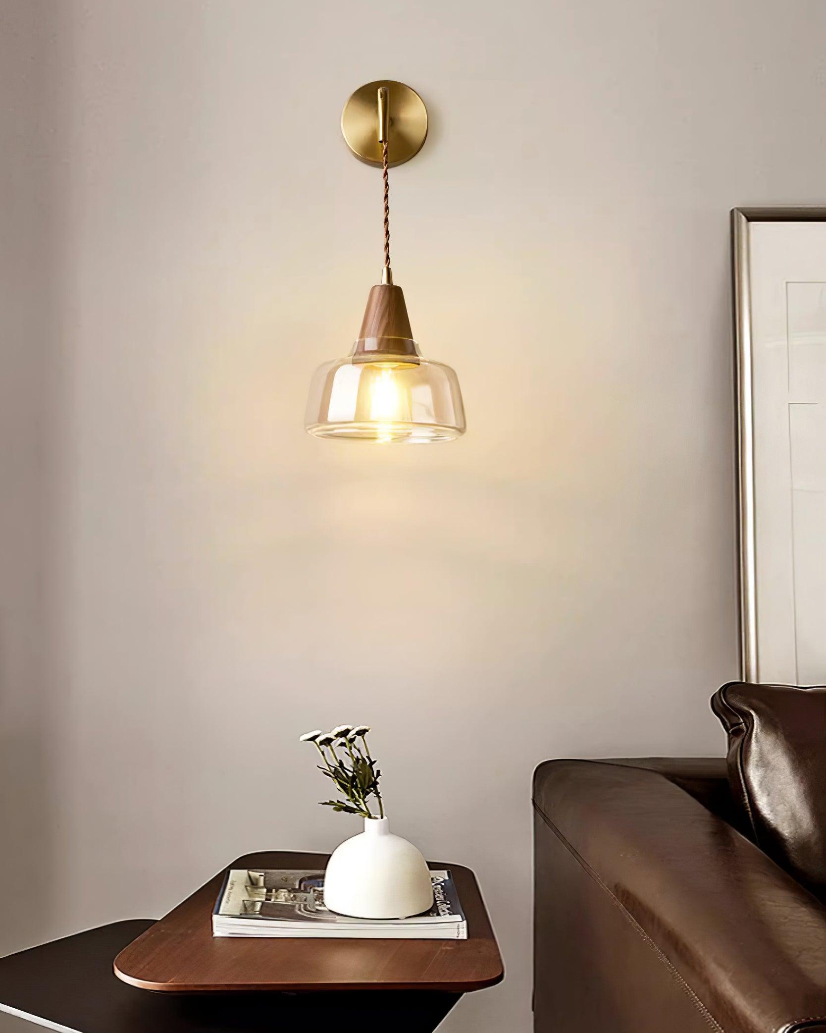Wall Lamp Amber Glass Shade Tapered Walnut Accent Soft Glow Modern - Letslighting