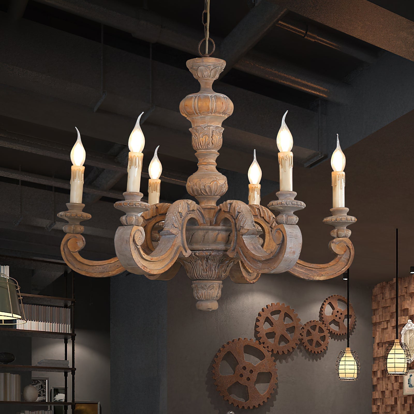 Olrinila Roman Pillar Hand-carved Wood Chandelier - Lamp Copper