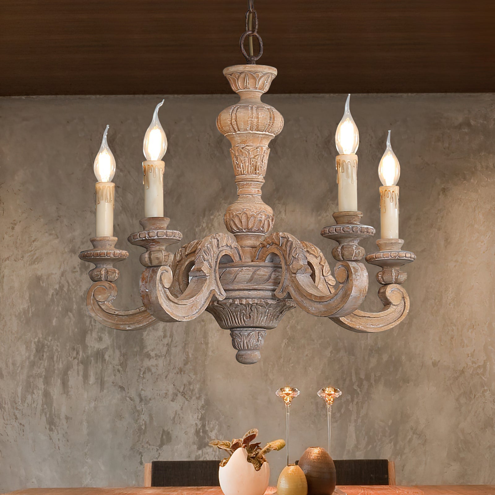 Olrinila Roman Pillar Hand-carved Wood Chandelier - Lamp Copper