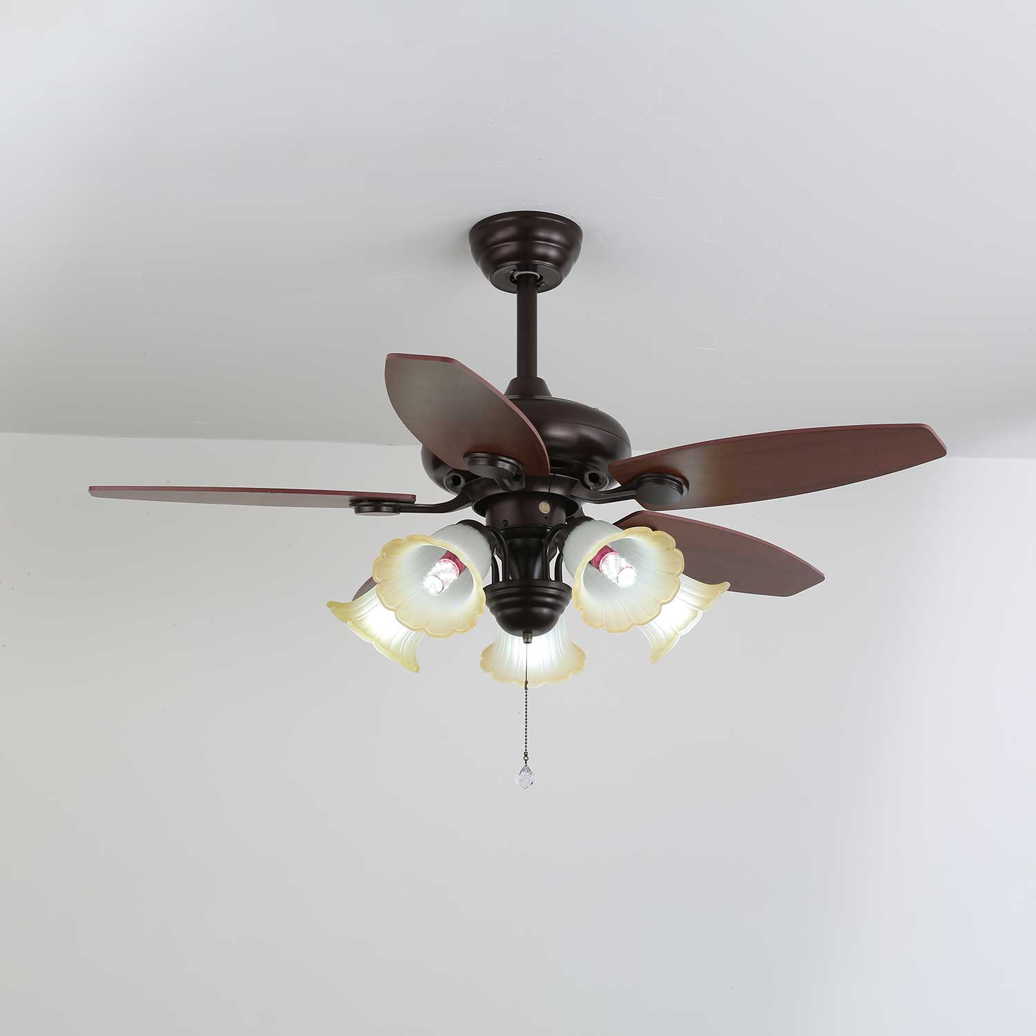 Plafonnier ventilateur Florence Vintage en bois et verre avec télécommande