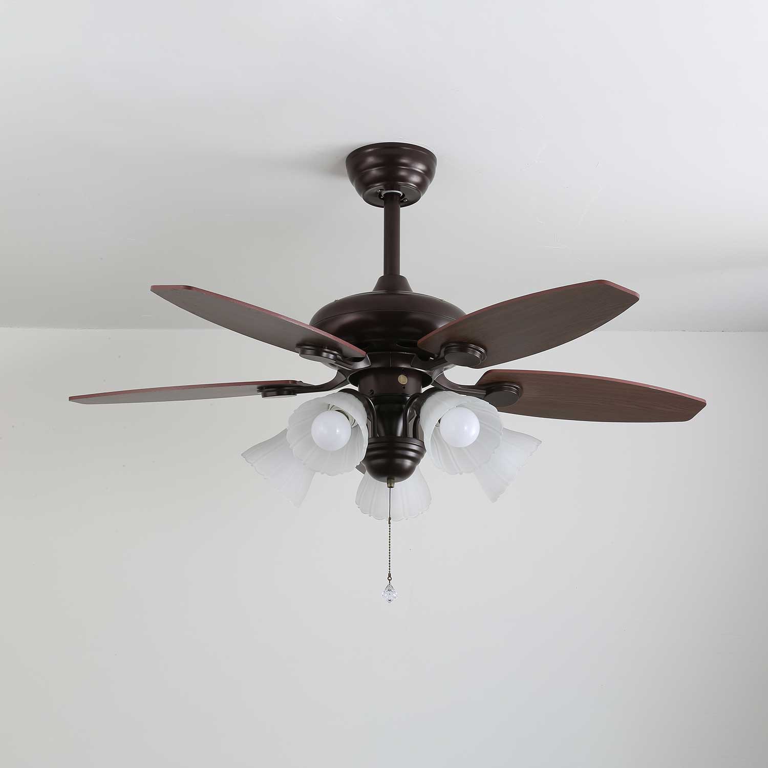 Plafonnier ventilateur Florence Vintage en bois et verre, vue du produit