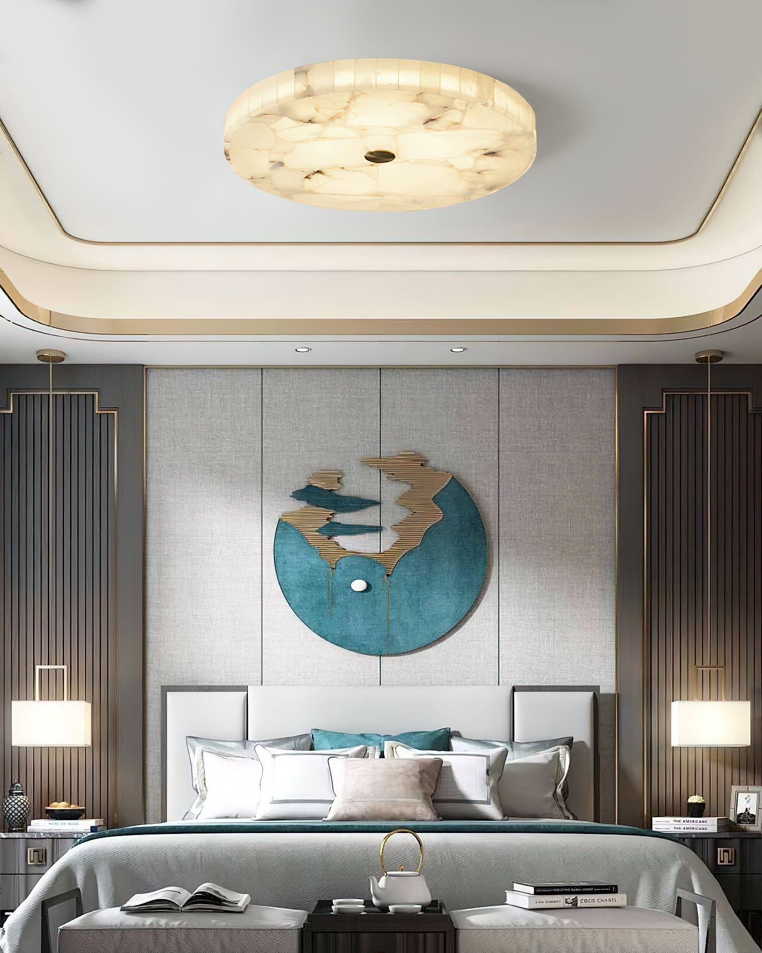Vosilis Modern Minimalist Round Alabaster Ceiling Lamp - Lamp Copper