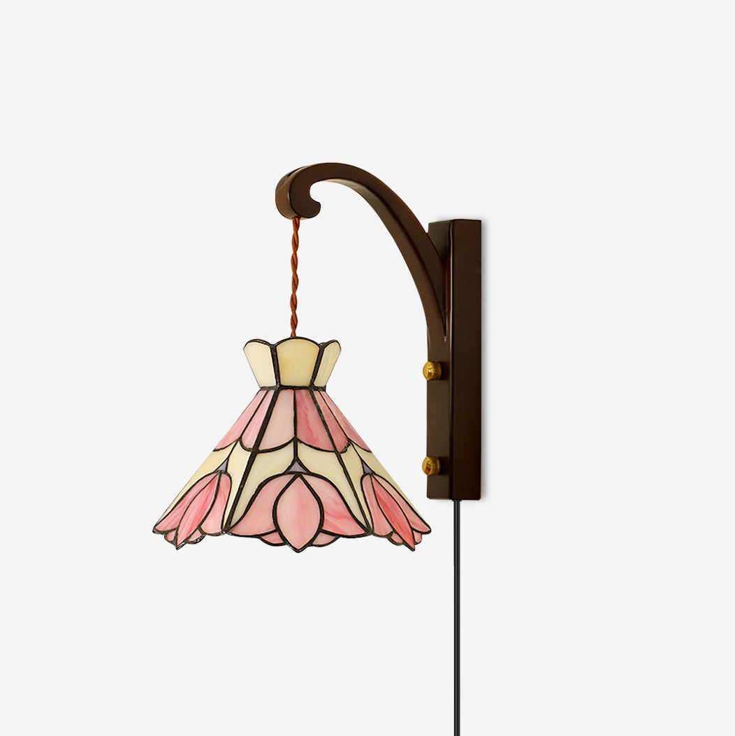 Wall Lamp Plug In Tiffany Stained Glass Floral Shade Wooden Bracket Vintage - Letslighting