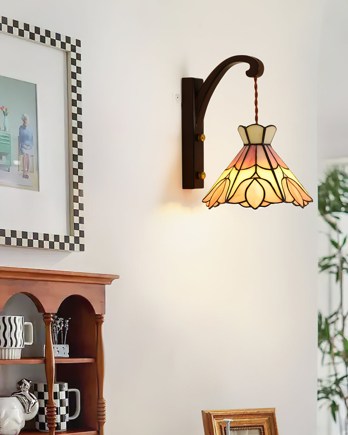 Wall Lamp Plug In Tiffany Stained Glass Floral Shade Wooden Bracket Vintage - Letslighting