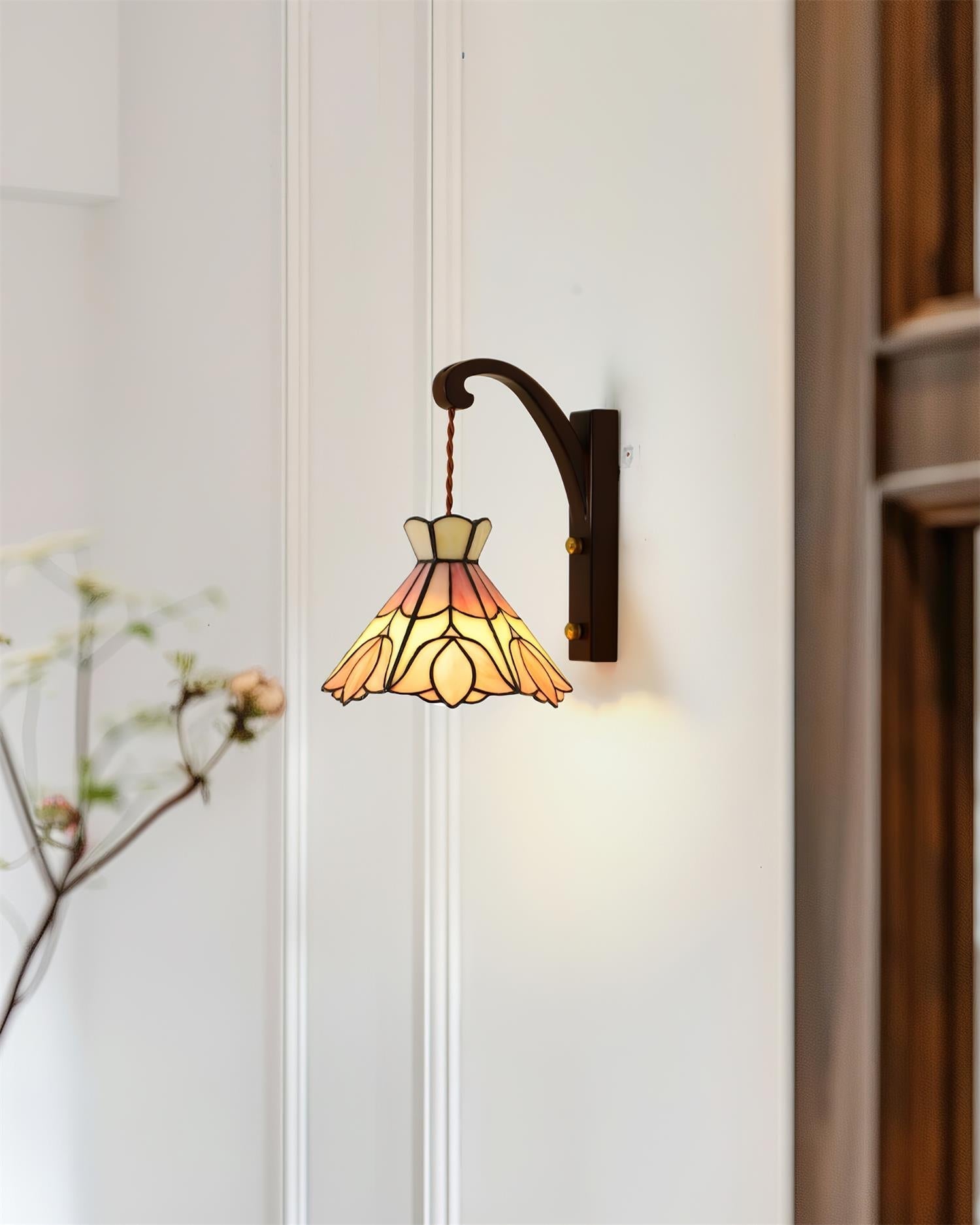Wall Lamp Plug In Tiffany Stained Glass Floral Shade Wooden Bracket Vintage - Letslighting