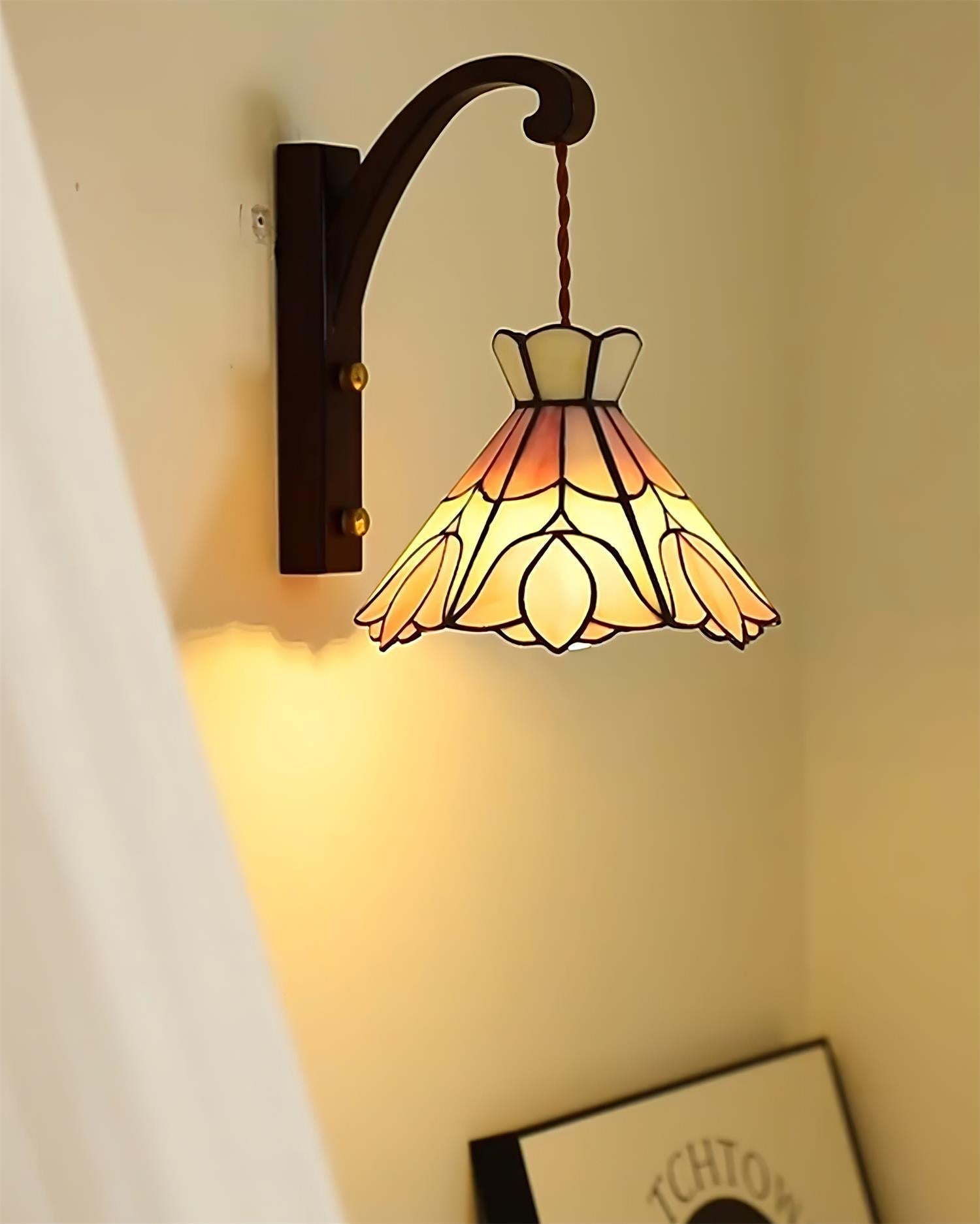 Wall Lamp Plug In Tiffany Stained Glass Floral Shade Wooden Bracket Vintage - Letslighting