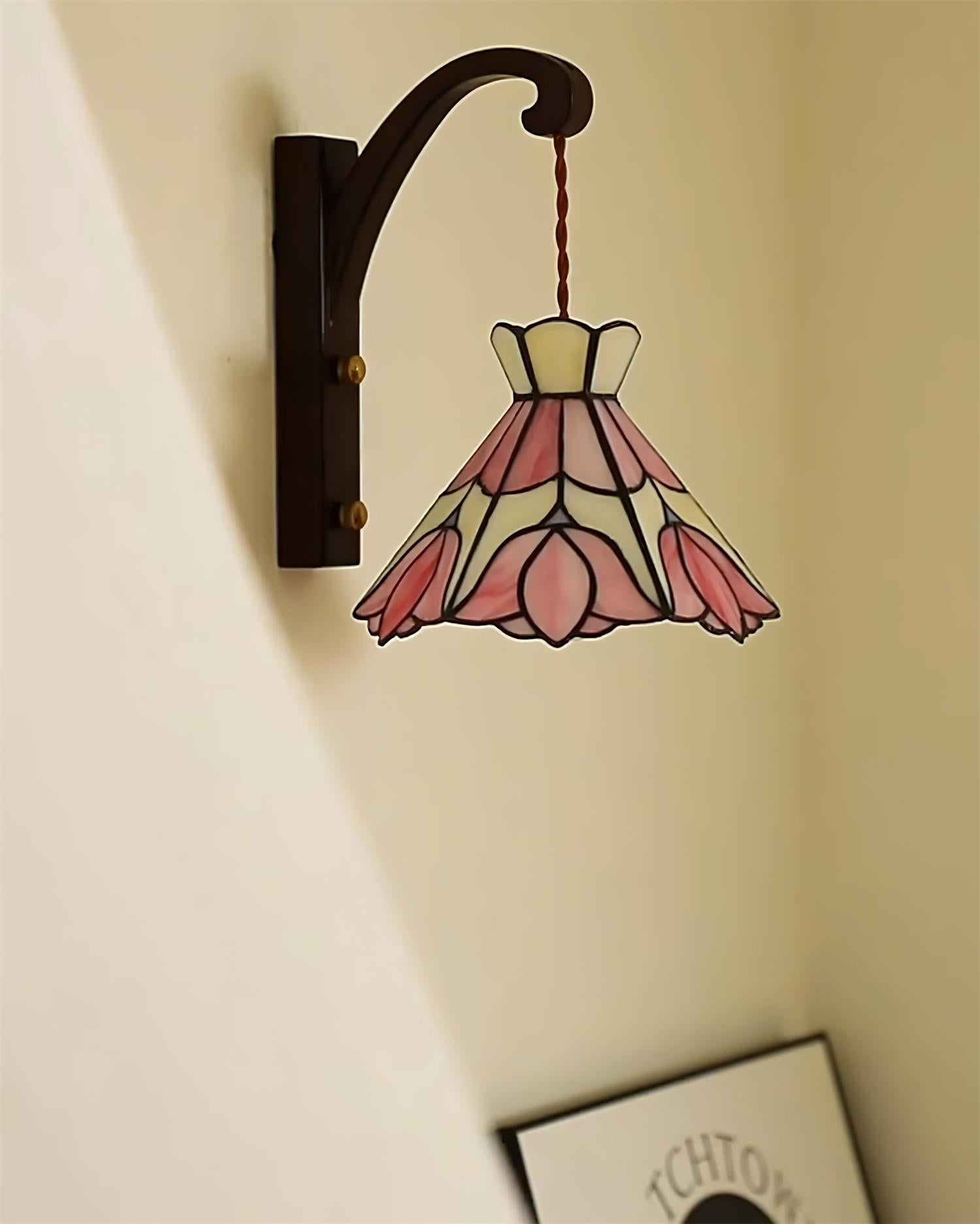 Wall Lamp Plug In Tiffany Stained Glass Floral Shade Wooden Bracket Vintage - Letslighting