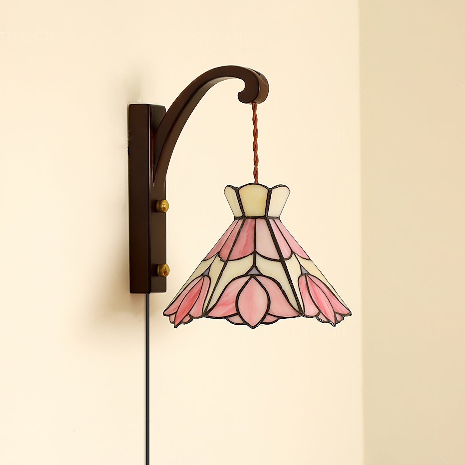 Wall Lamp Plug In Tiffany Stained Glass Floral Shade Wooden Bracket Vintage - Letslighting