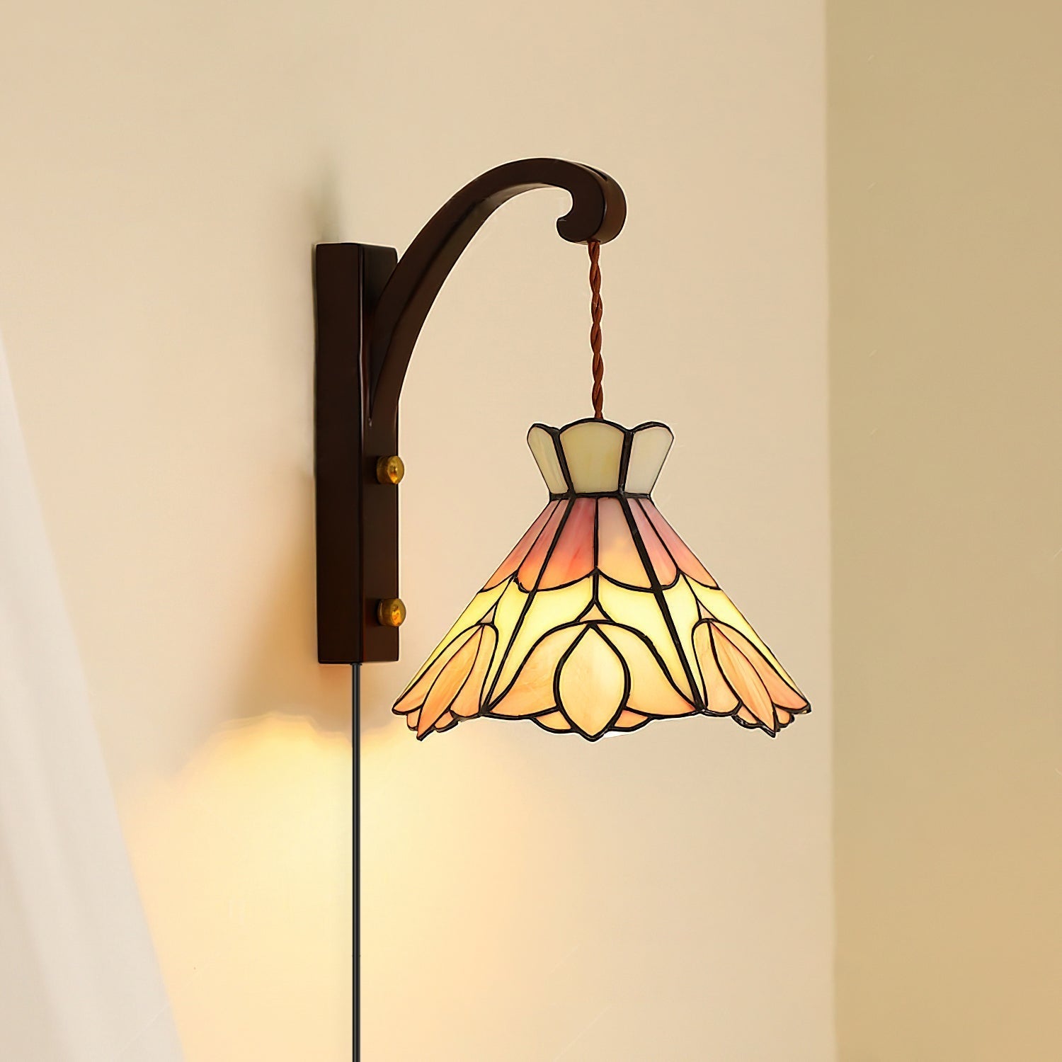 Wall Lamp Plug In Tiffany Stained Glass Floral Shade Wooden Bracket Vintage - Letslighting