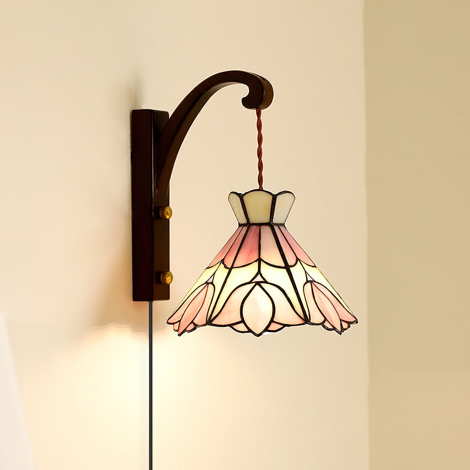 Wall Lamp Plug In Tiffany Stained Glass Floral Shade Wooden Bracket Vintage - Letslighting