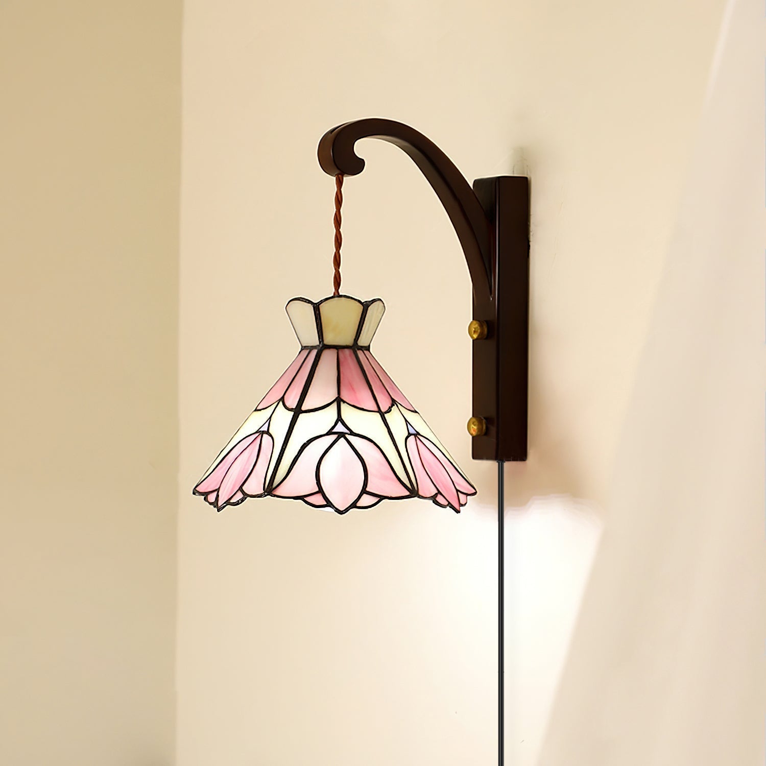 Wall Lamp Plug In Tiffany Stained Glass Floral Shade Wooden Bracket Vintage - Letslighting