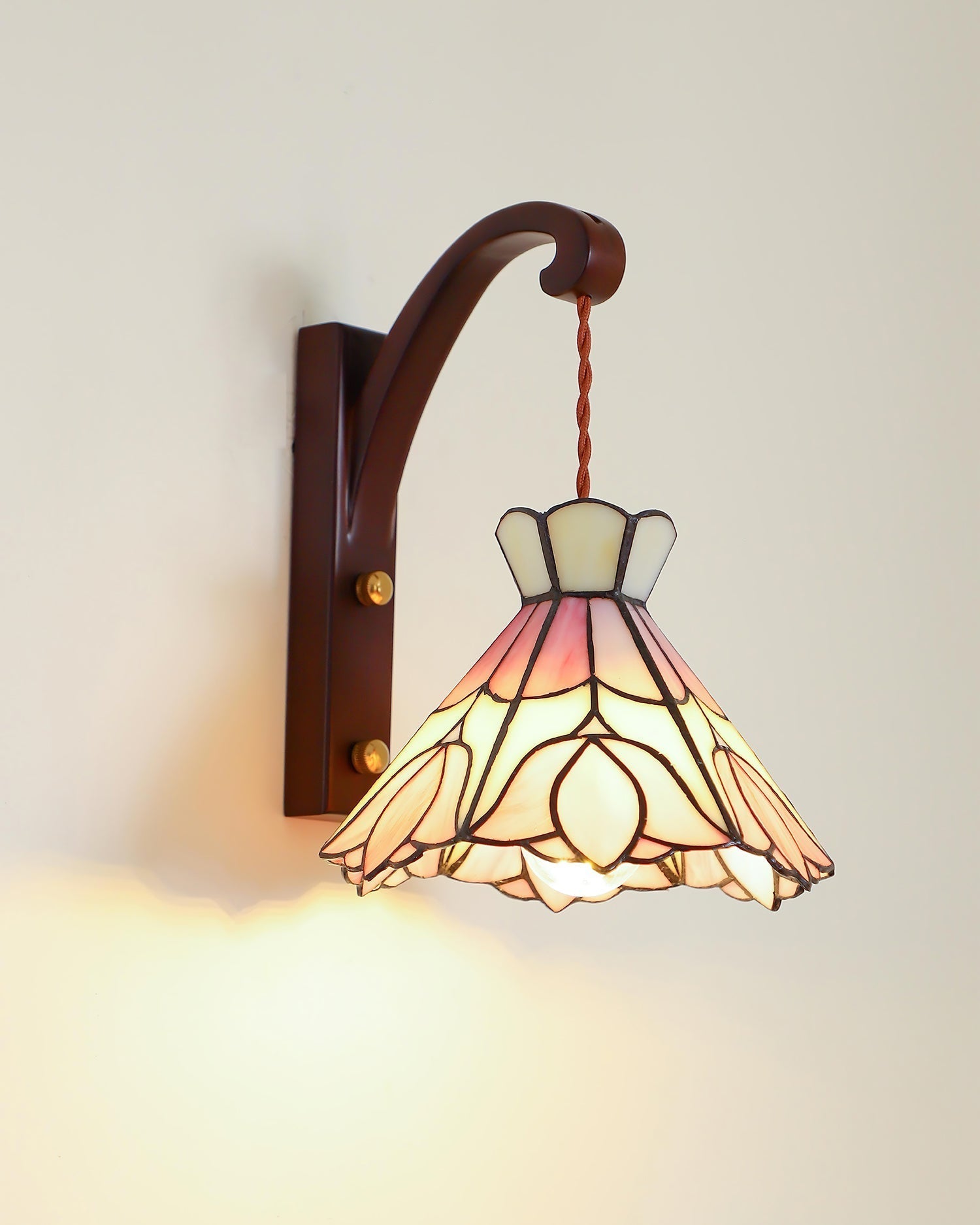 Wall Lamp Plug In Tiffany Stained Glass Floral Shade Wooden Bracket Vintage - Letslighting