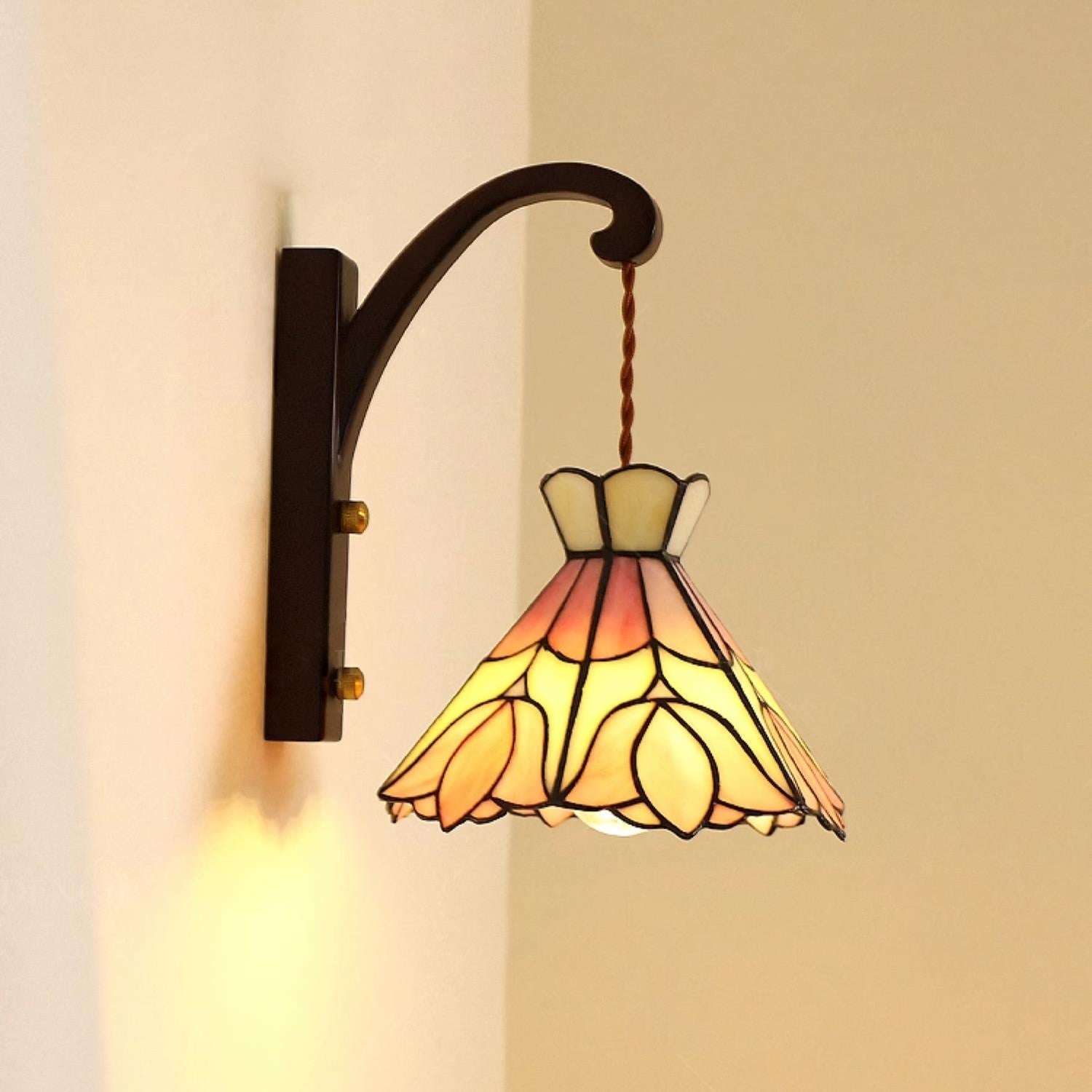 Wall Lamp Plug In Tiffany Stained Glass Floral Shade Wooden Bracket Vintage - Letslighting