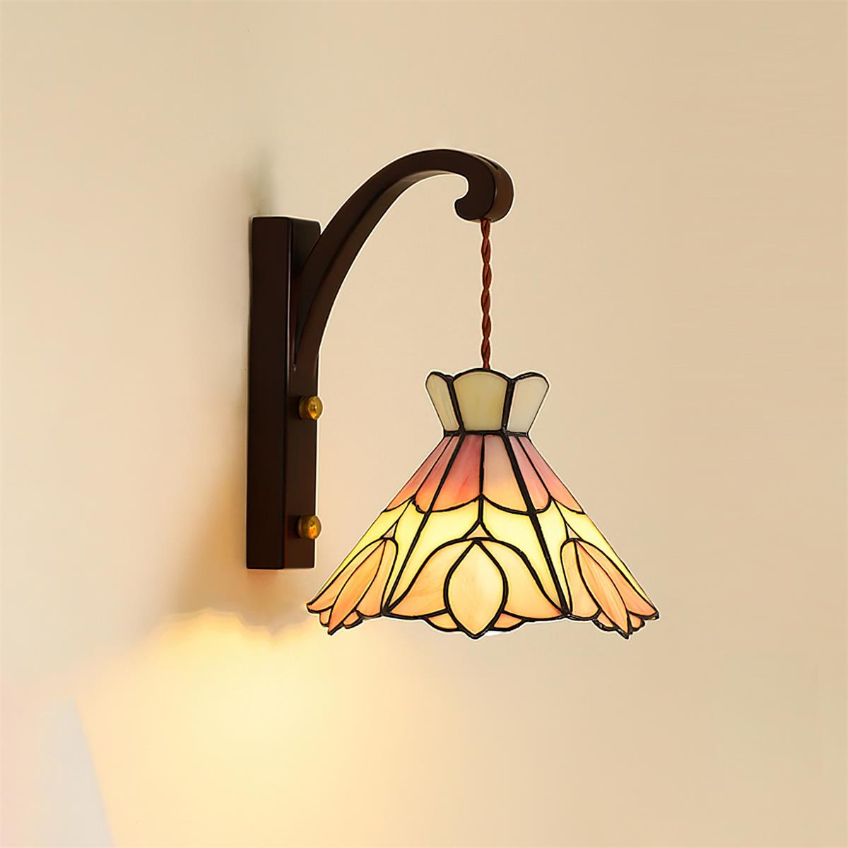 Wall Lamp Plug In Tiffany Stained Glass Floral Shade Wooden Bracket Vintage - Letslighting