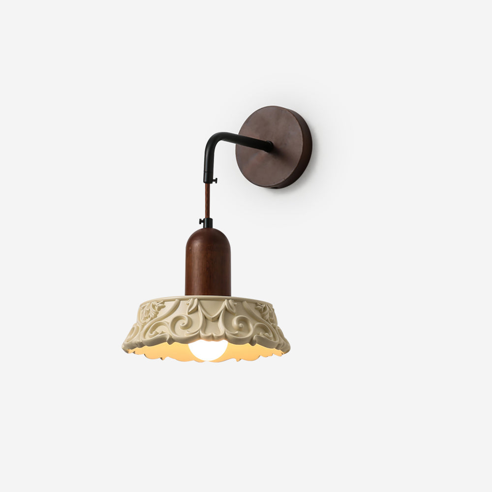 Wall Lamp with Carved Resin Shade Walnut Wood Arm Vintage - Letslighting
