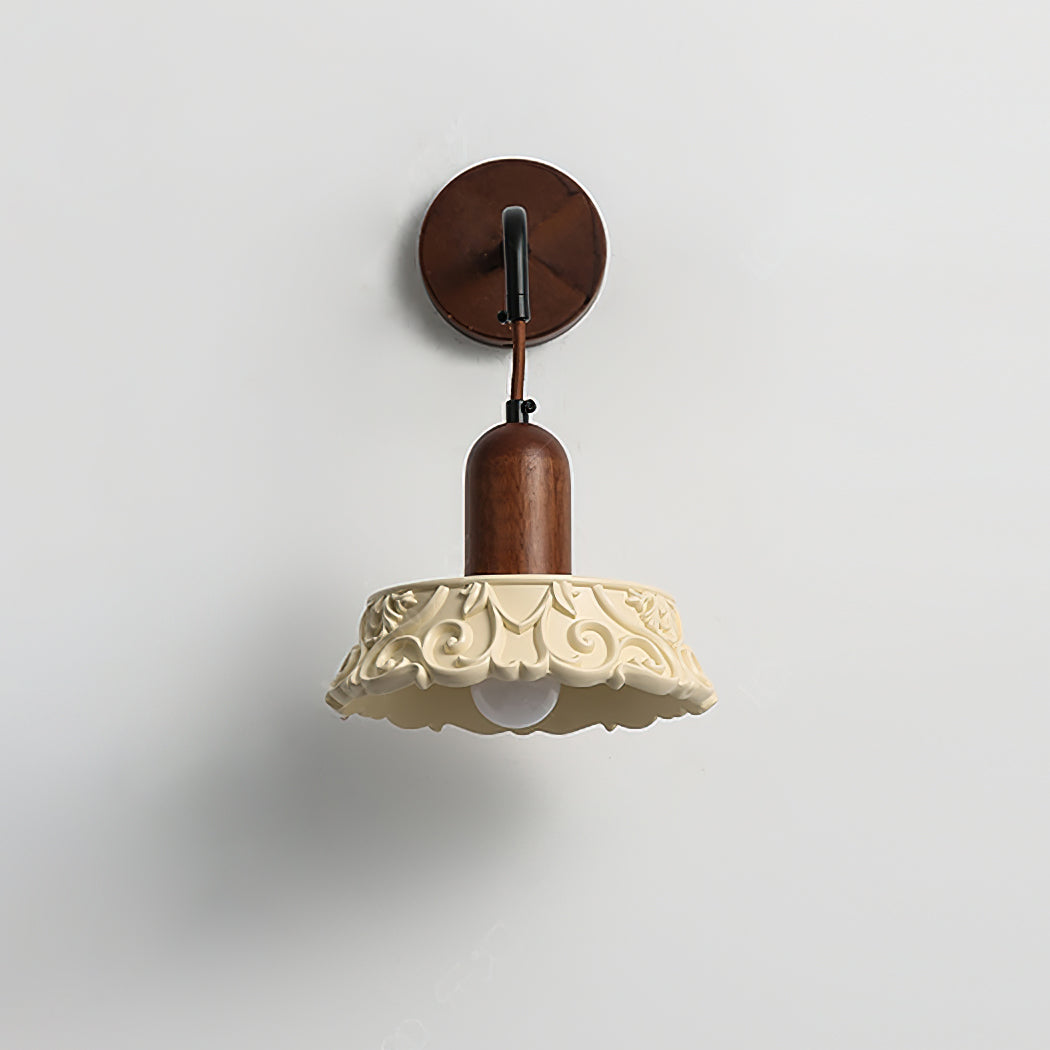 Wall Lamp with Carved Resin Shade Walnut Wood Arm Vintage - Letslighting
