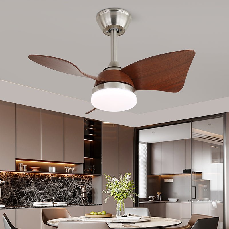 Plafonnier ventilateur Arden minimaliste en bois noir, gros plan sur la lumière
