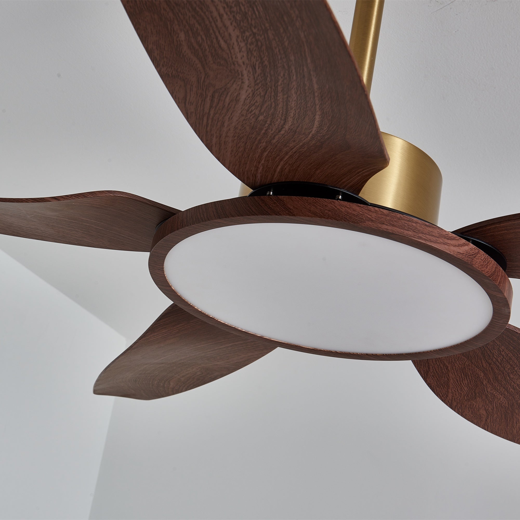 Plafonnier ventilateur Aurelia mettant en valeur sa finition couleur noyer