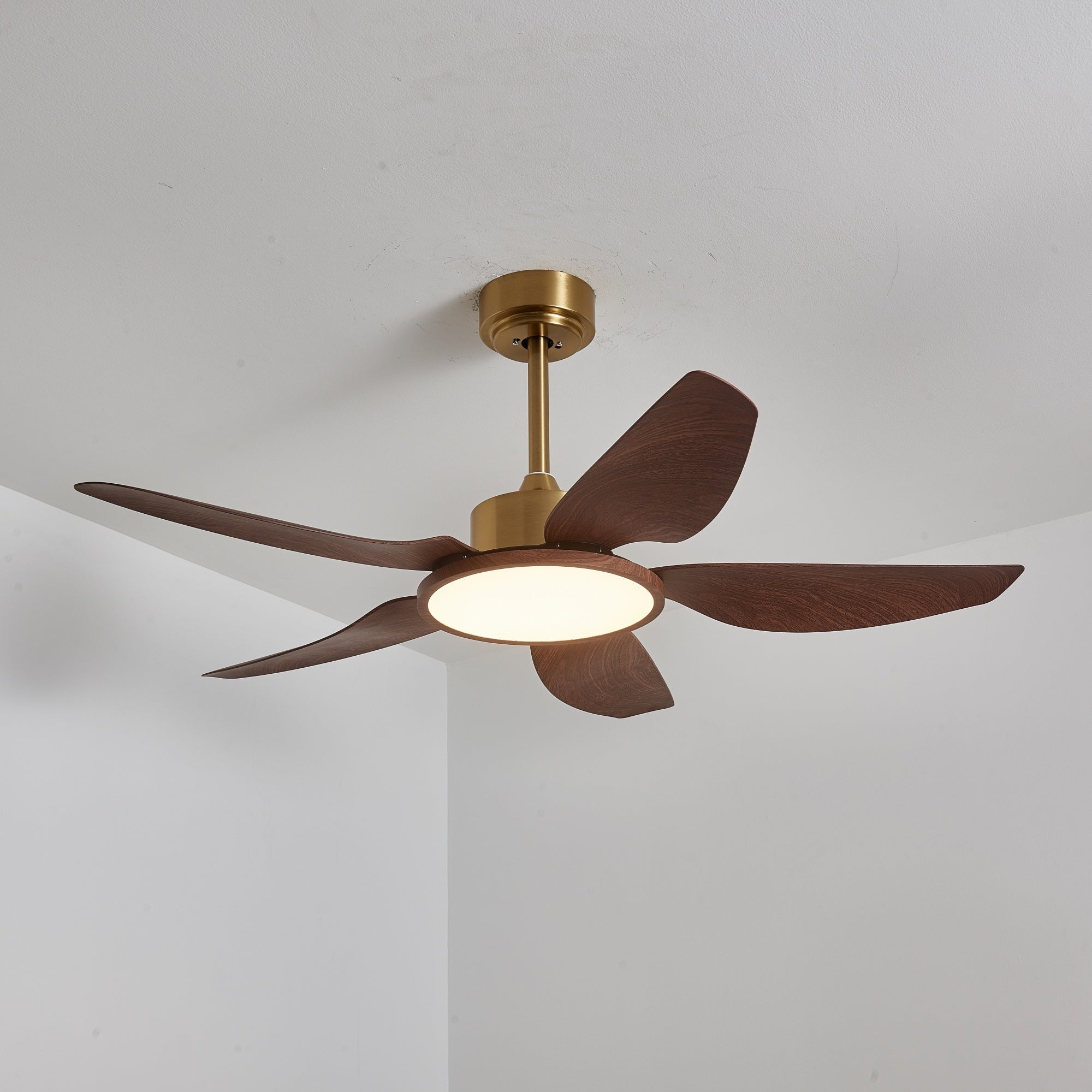 Gros plan sur la LED intégrée et l'abat-jour en acrylique du plafonnier ventilateur Aurelia
