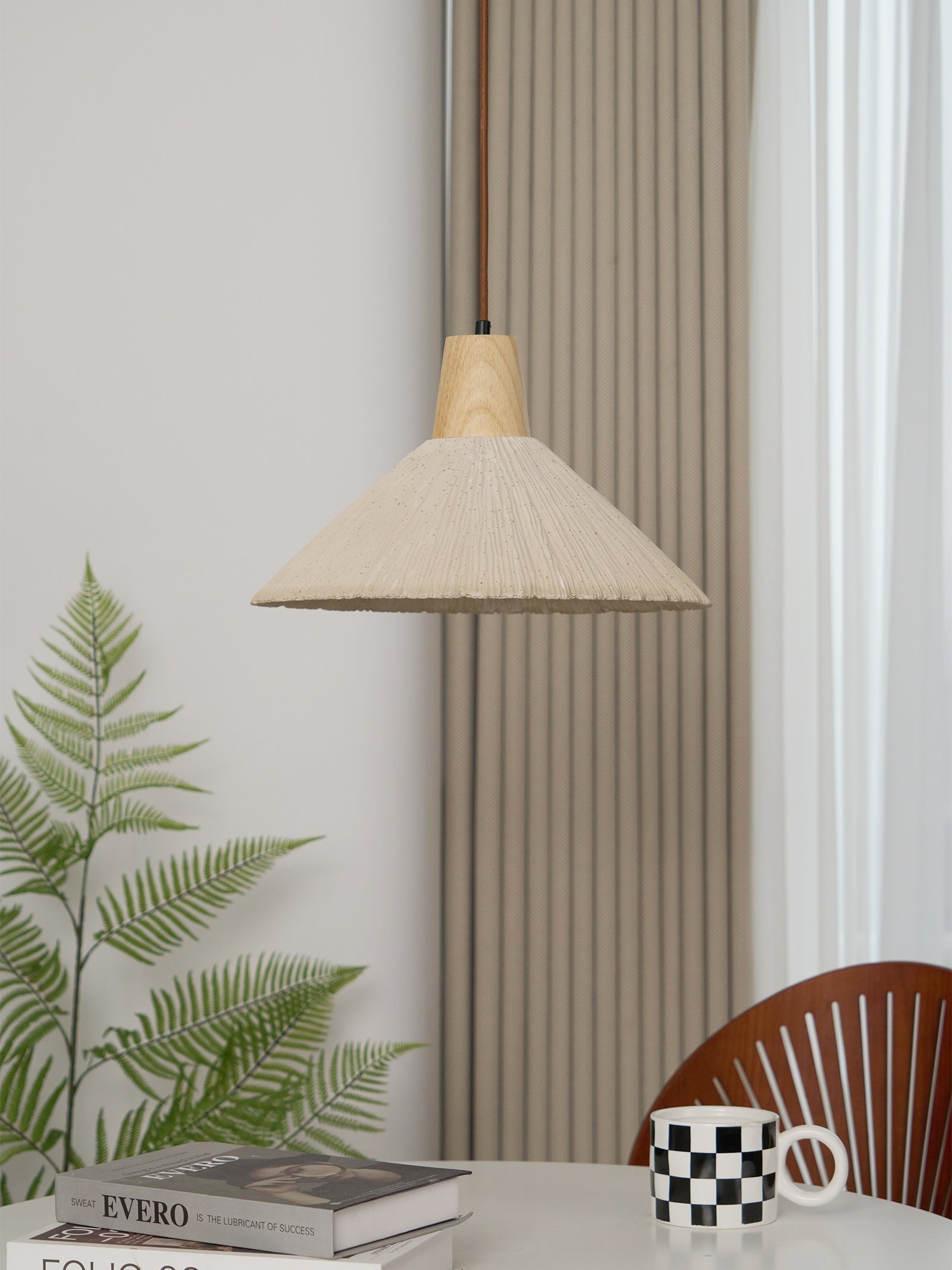 Pendant Lamp Wood Top Textured Cement Shade Grey Natural Japandi - Letslighting